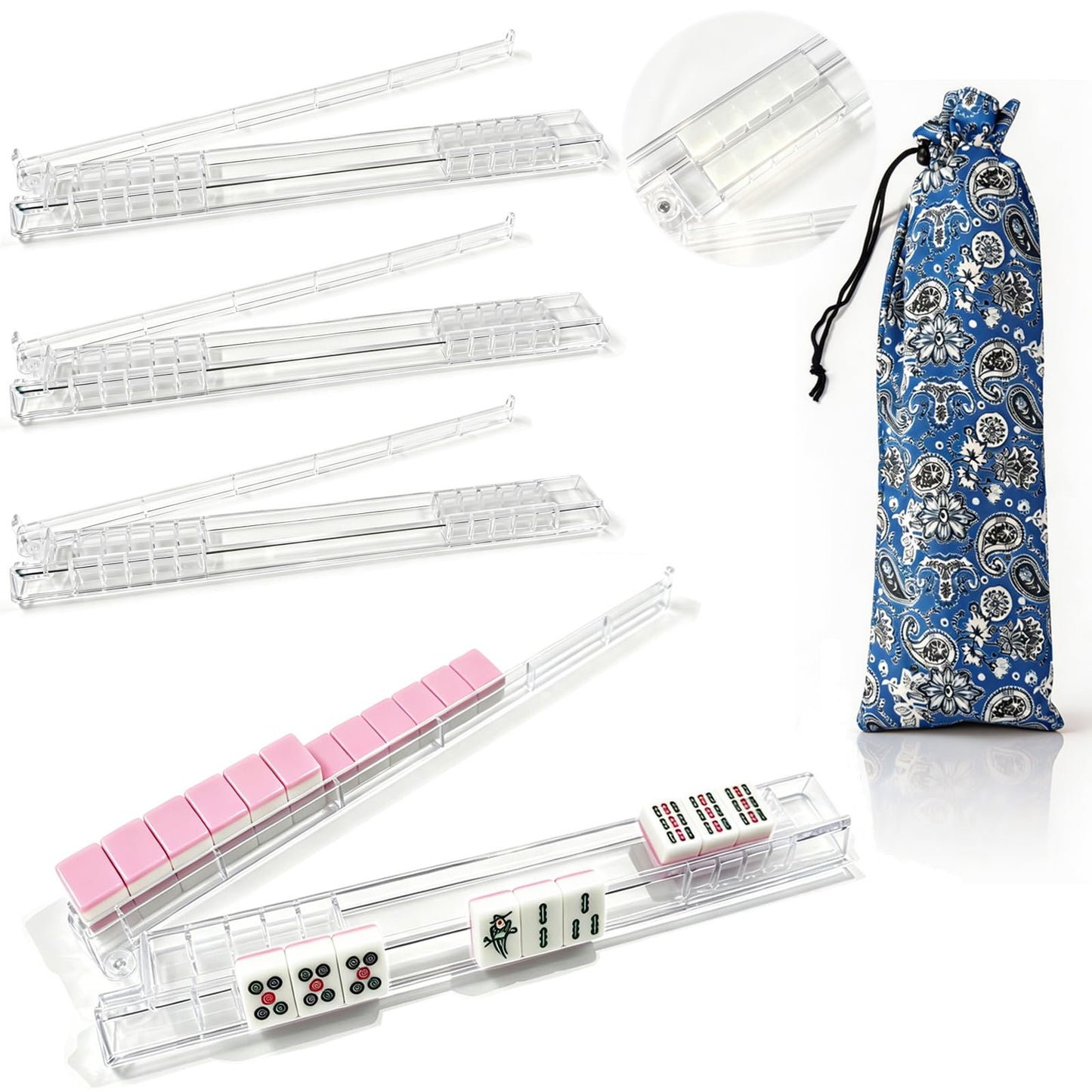WEMEGA Upgraded Mahjong Racks with Pushers and Bag - Set of 4 Clear Acrylic Tile Holders with Protective Anti-Slip Feet for American Mahjong