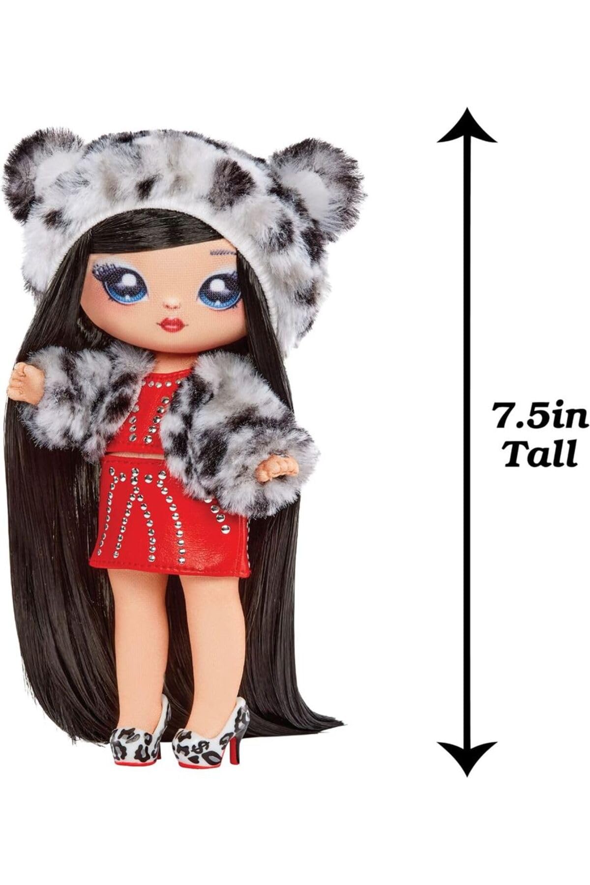 Na Na Na Surprise Cozy Series Leona White 7.5" Fashion Doll Snow Leopard-Inspired with Black Hair, 3-Piece Outfit and Fuzzy Clip-on Purse, Poseable