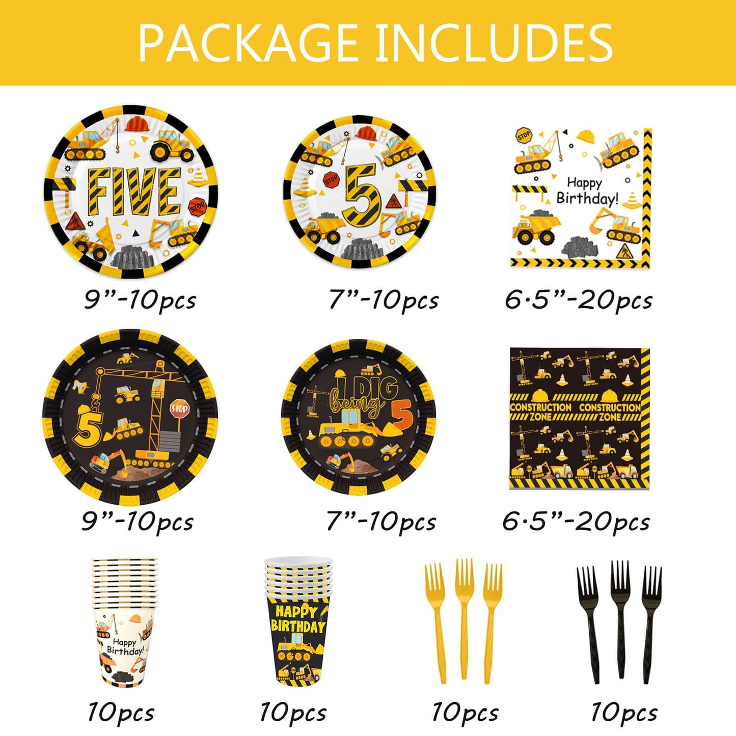 210 Pcs Construction 5th Birthday Decorations - Includes Plates Napkins Cups Cake Cupcake Toppers Banner Hanging Swirls Tablecloths Balloons