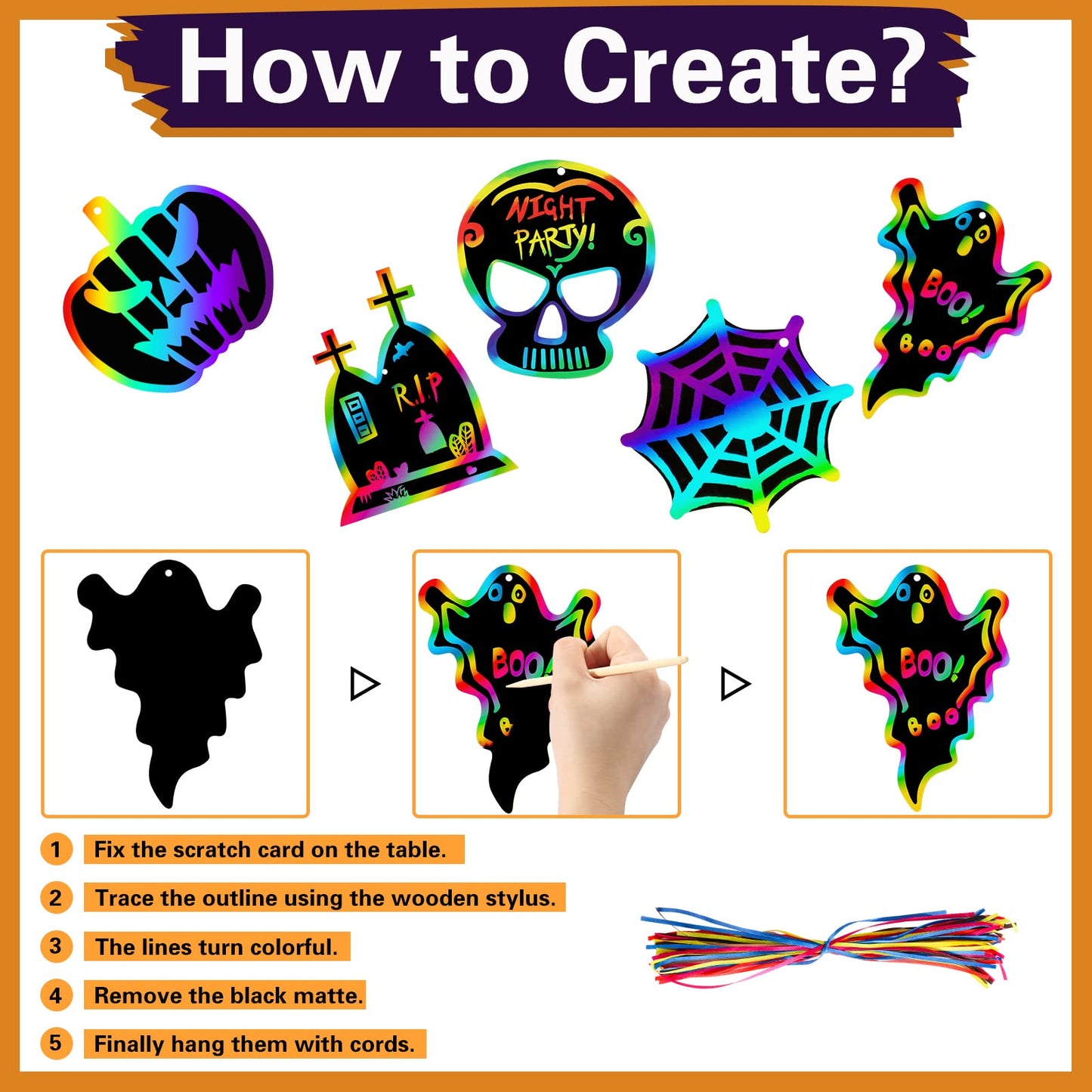 Max Fun Halloween Craft Scratch Paper Art for Kids Party Games Ornaments 96PCS Magic Rainbow Scratch Off Cards Paper Hanging Educational Toys Kit