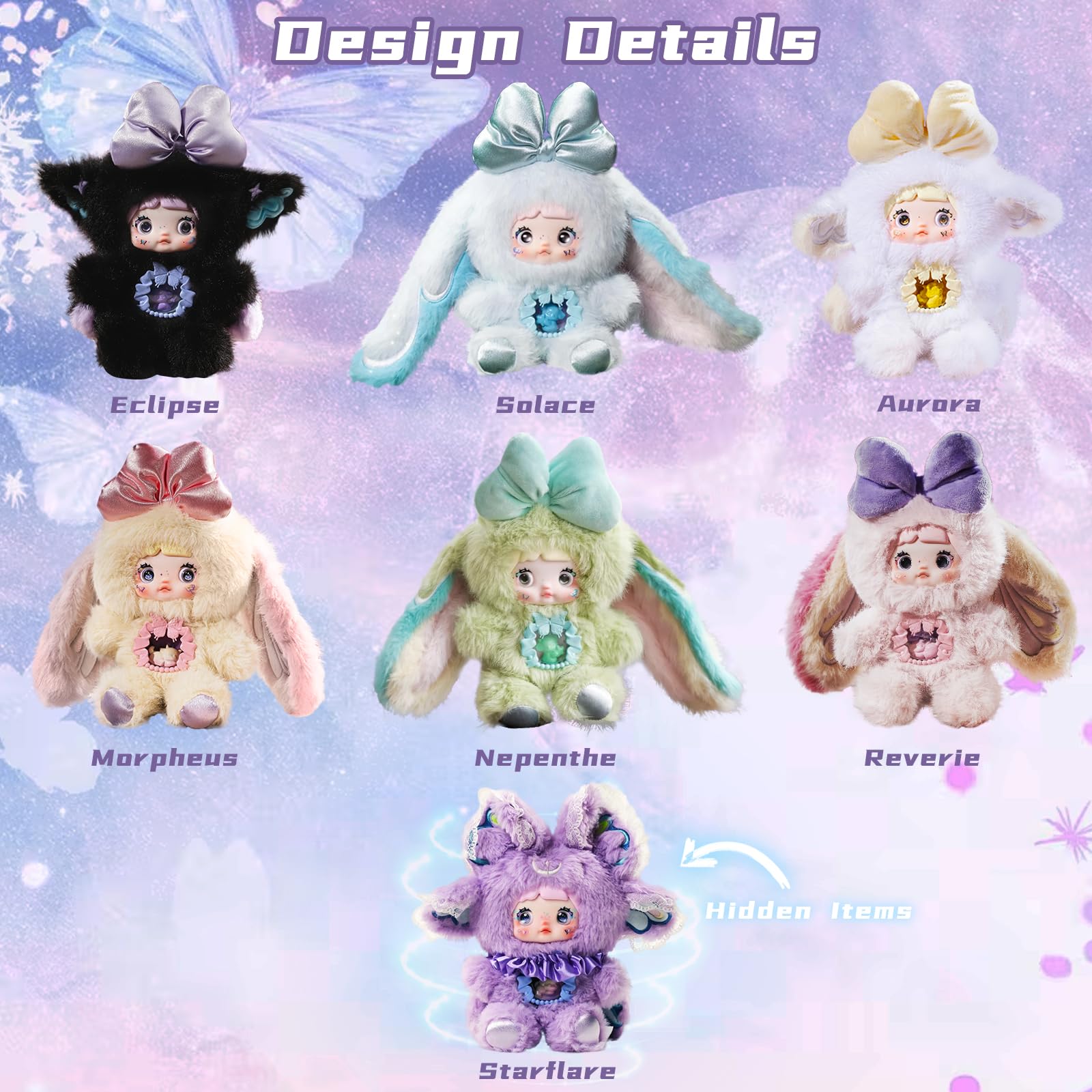 Mckkymi Plush Blind Box,Kawaii Nommi Fantasy World Series Stuffed Blind Box Doll 1PC,Unique Designs Keychain & Bag Charm,Cute Anime Vinyl Plushies
