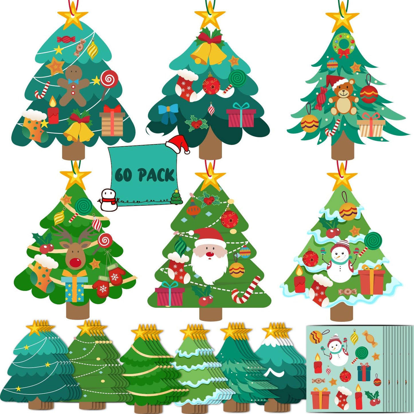 WUYEE 60Pack Christmas Crafts Kit for Kids DIY Christmas Tree Ornaments, Make Your Own Xmas Trees Bookmark with Stickers Crafts Set for Holiday