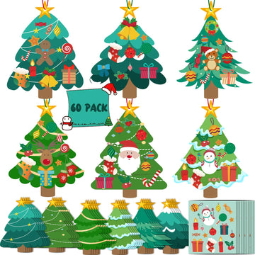 WUYEE 60Pack Christmas Crafts Kit for Kids DIY Christmas Tree Ornaments, Make Your Own Xmas Trees Bookmark with Stickers Crafts Set for Holiday