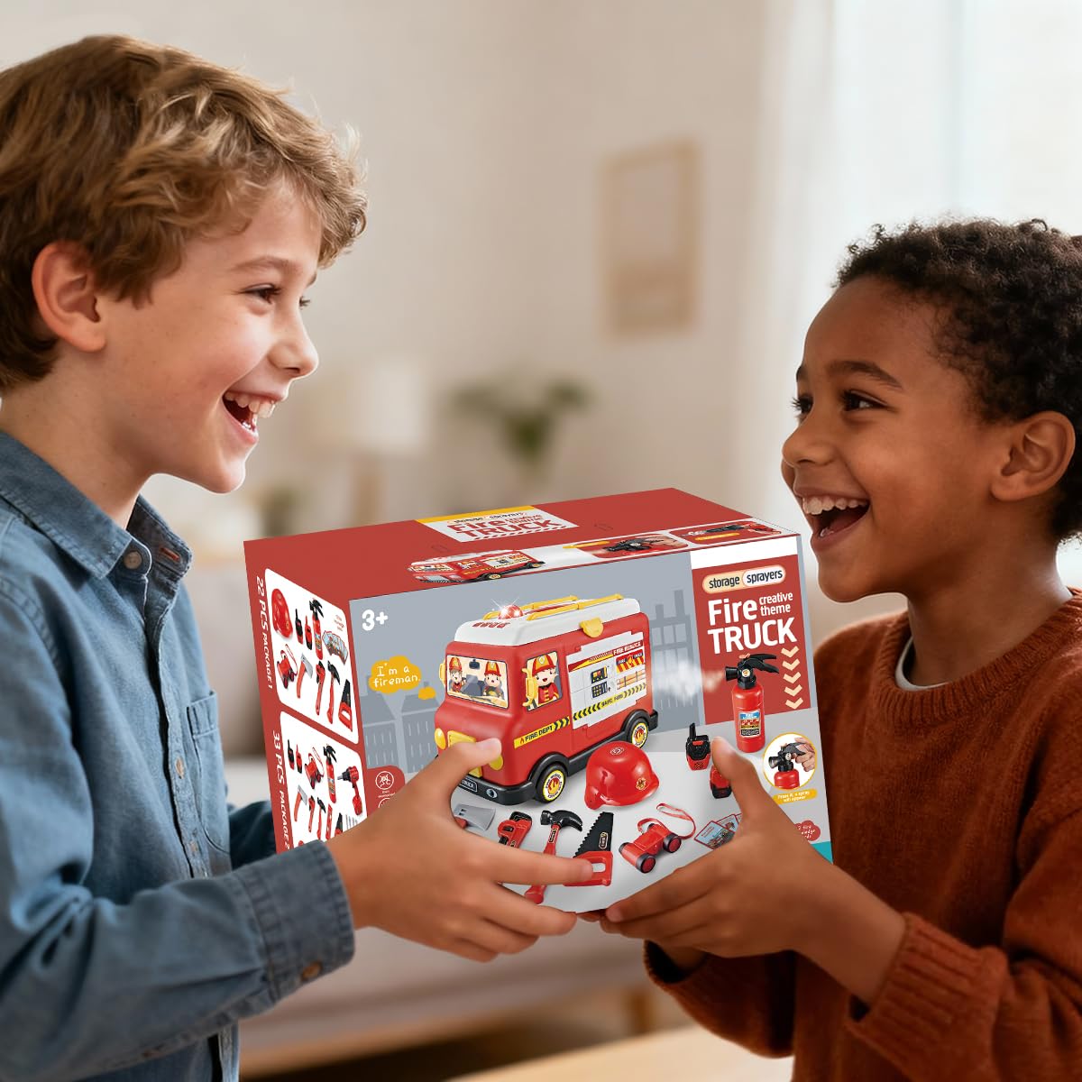 33-Piece Toddler Fire Truck Toy | Electric Firetruck Toys | Fire Engine Toy with Firemen Tool Set | Roleplay Firefighter Toys | Kids Trucks Gifts