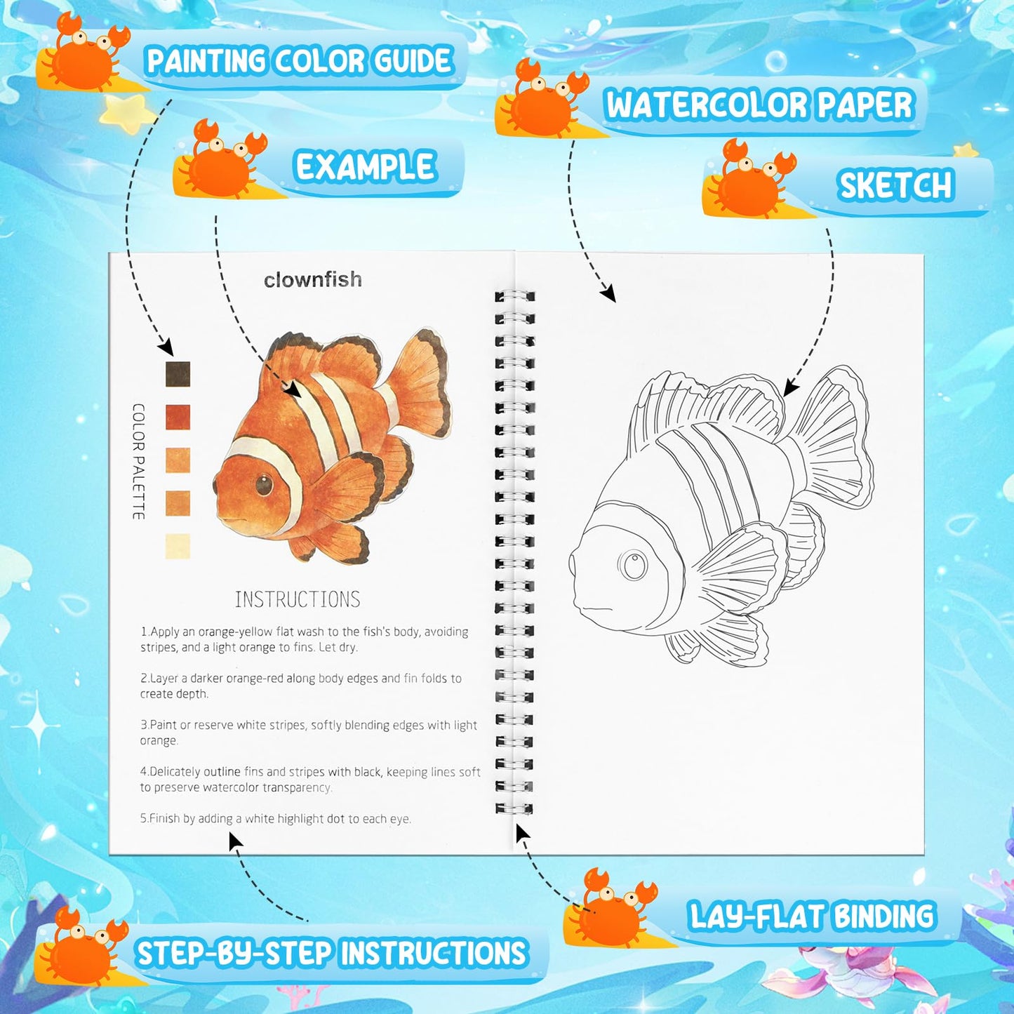Watercolor Workbook, 24 Colors Solid Paint Set, Ocean Themed DIY Patterns, Anti-Bleed Paper, Beginner Friendly Art Kit For Adults