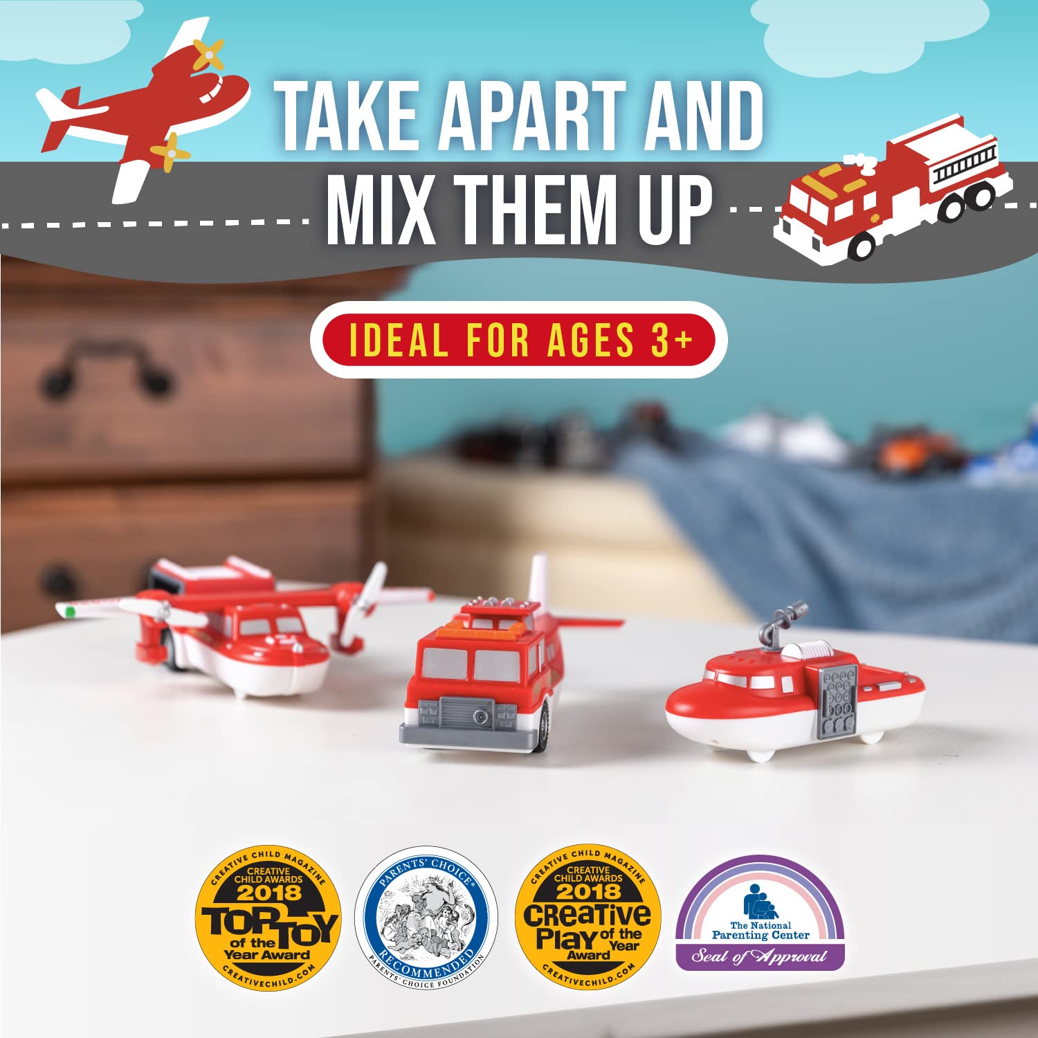 POPULAR PLAYTHINGS Magnetic Vehicles for Toddlers 1-3, Mix or Match Car Toys, Set of 3 Gift for Kids - Vehicles, Fire & Rescue, Red and White