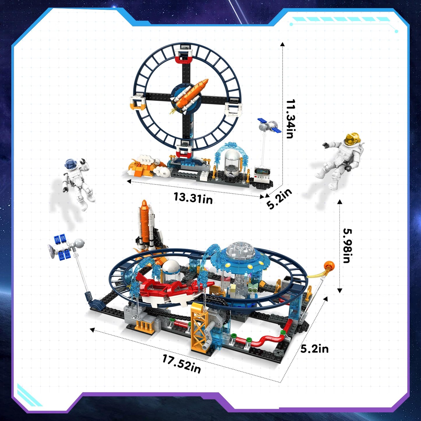 Utbttor 2 in 1 Space Roller Coaster Building Set with Rockets, UFO, Satellites, Space Capsules, Buildable City Park Friends Building Block Toys, STEM