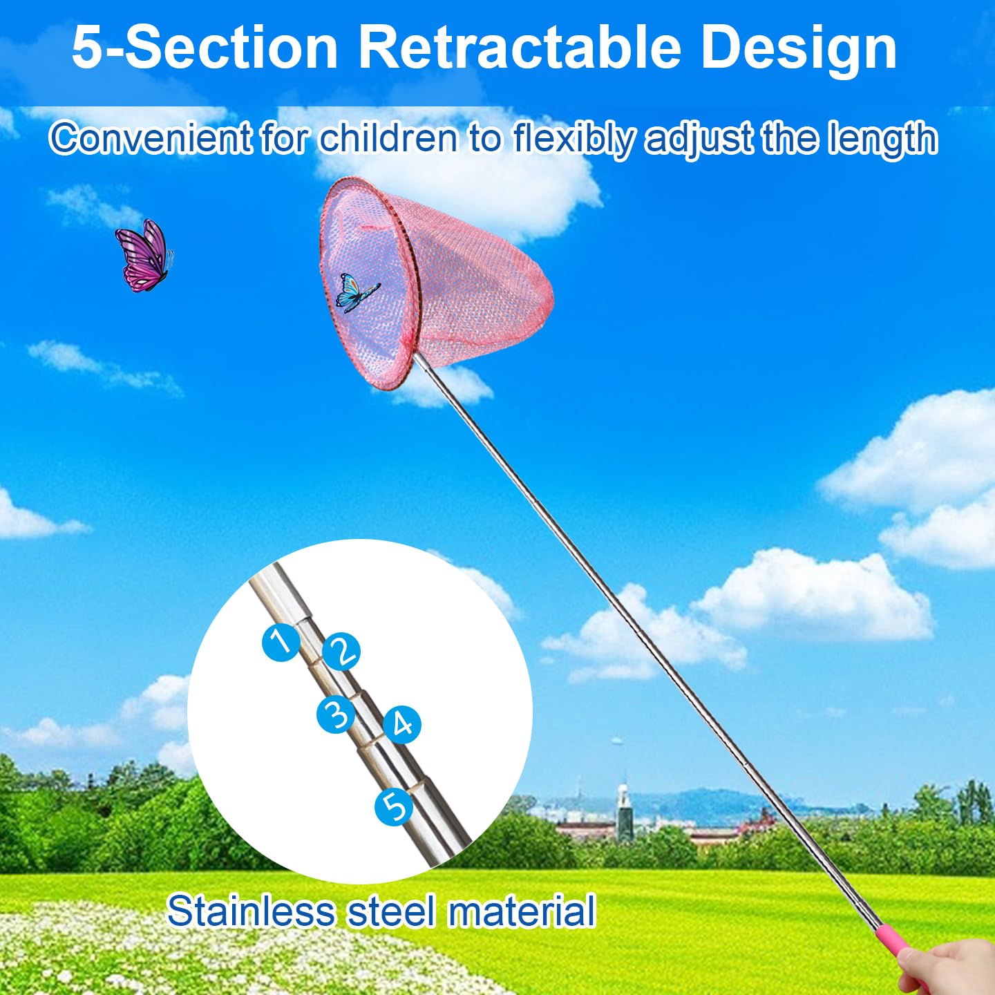 2 Pack Telescopic Butterfly Nets for Kids Outdoor Exploration, Catching Insect Net, Fishing Nets, Outdoor Tools for Catching Bugs Fish Insect