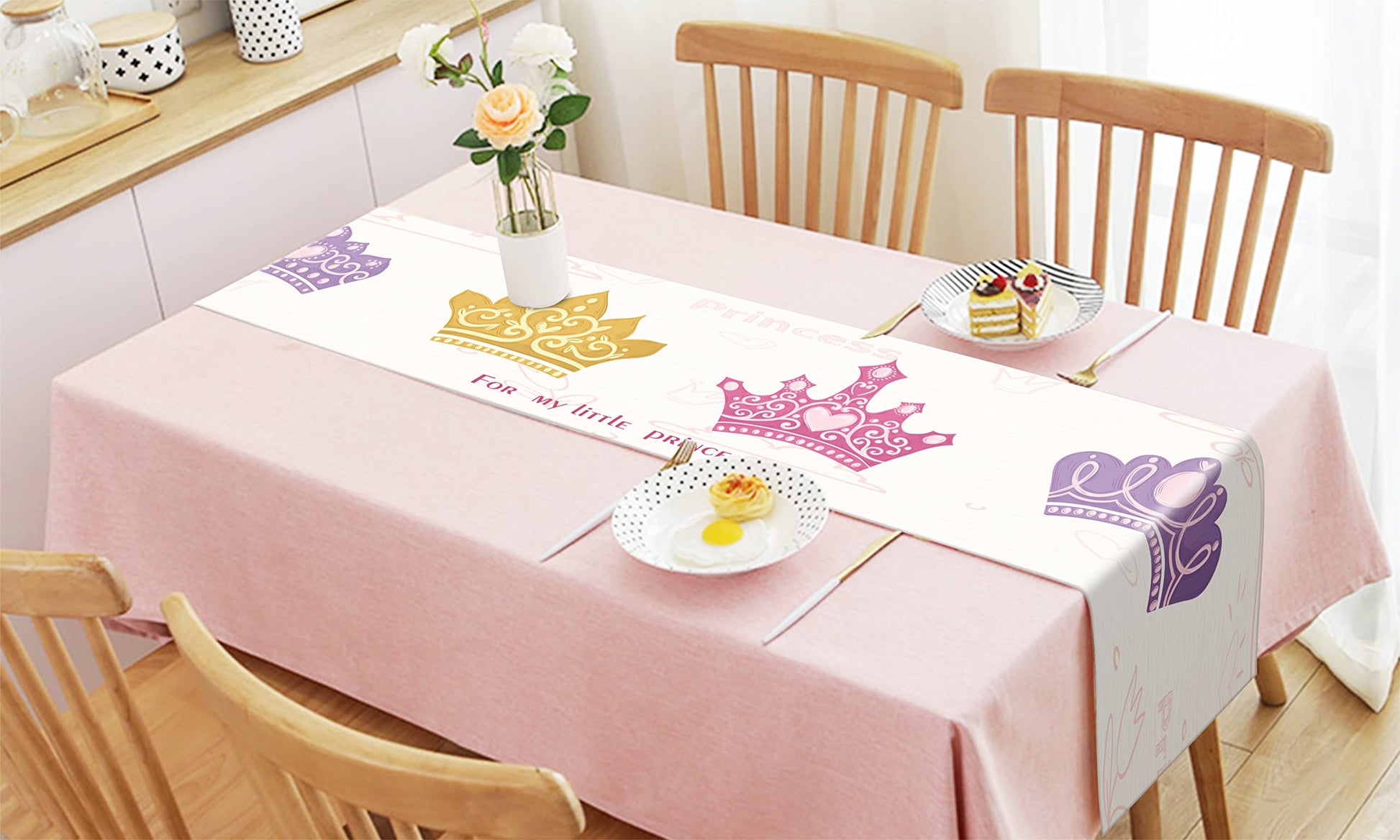 whooplaArt Double-Layer Table Runner Bed Runner Princess Birthday Party Kids Girls Pink Crown Decorative Long Tablecloth Bed Scarf Farmhouse Dining