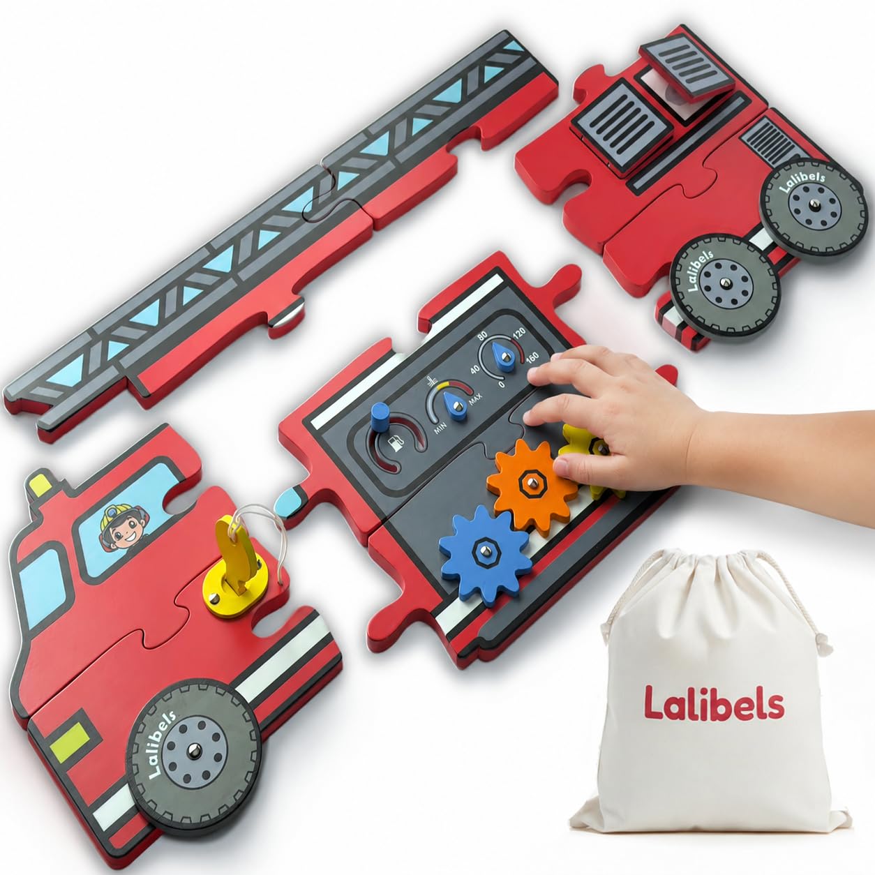 Lalibels Large Fire Truck Puzzle & Activity Toy for Toddlers 18 Months+, Montessori Fine Motor Learning Toy, Wooden Firetruck Birthday Gift for Boys