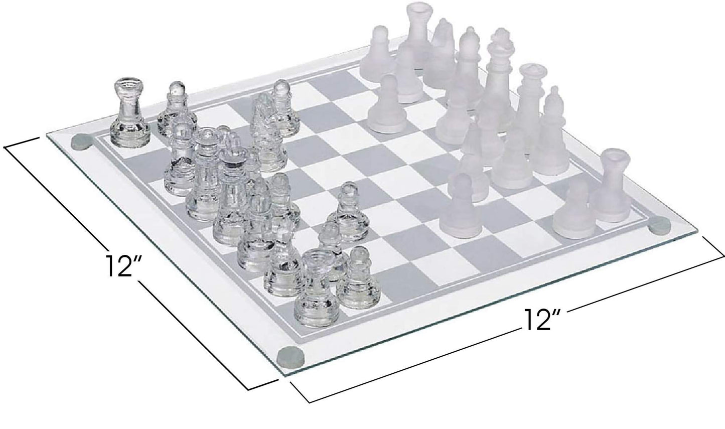 Gamie Premium Glass Chess Set, 12 Inch - Elegant Design - Durable Build - 32 Frosted and Clear Pieces - Felted Bottoms - Easy to Carry - Stable