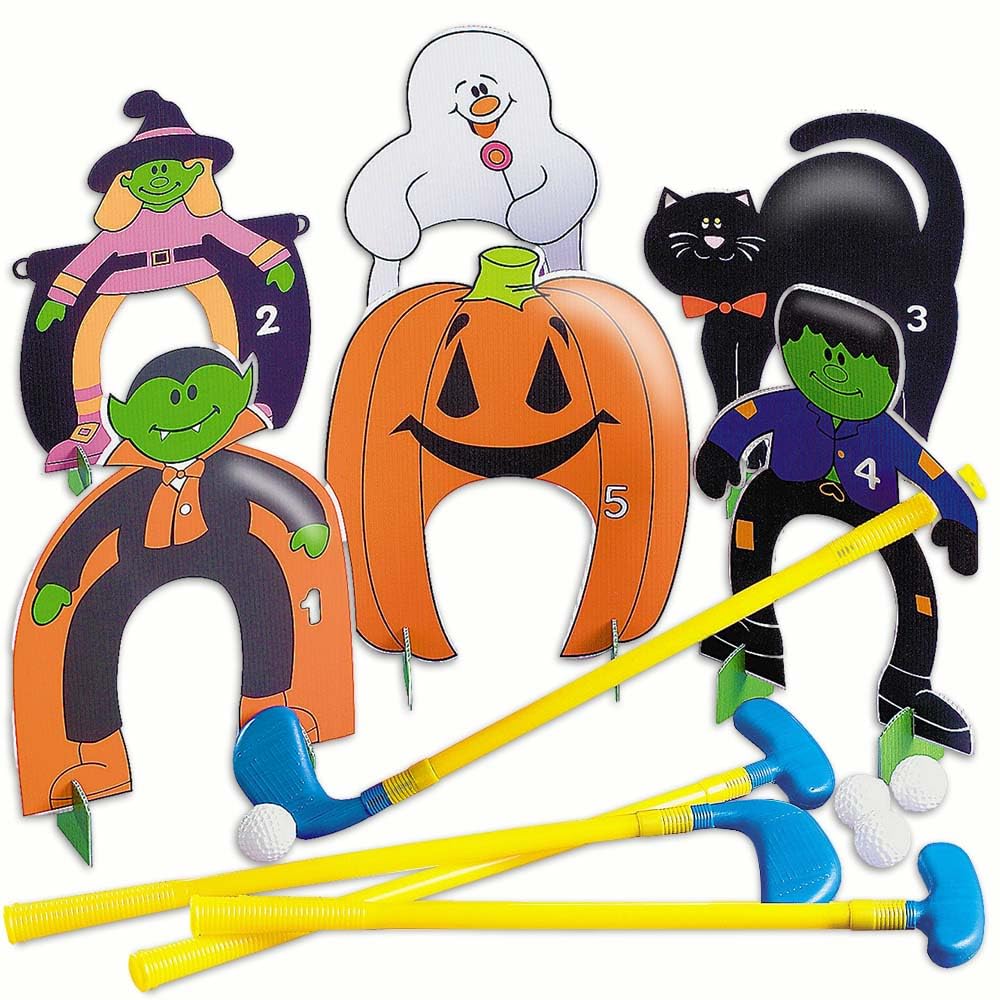 Fun Express Halloween Mini Golf Set for Kids Complete 26-Piece Party Game with 4 Clubs, Balls & Spooky Markers | Indoor Outdoor Halloween Activities