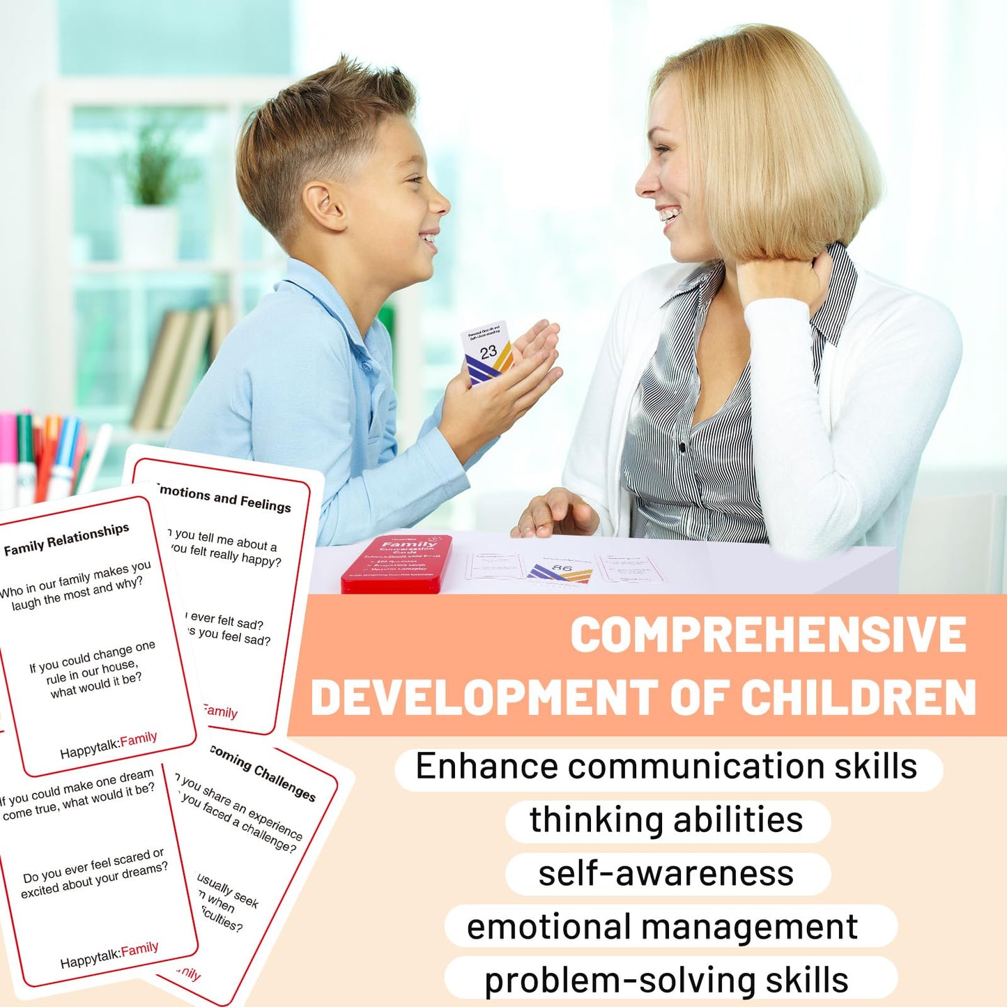 Happytalk Conversation Cards for Kids - 200 Engaging Questions for Family Game Night, Road Trips & Therapy Games, Perfect for Quality Family Time