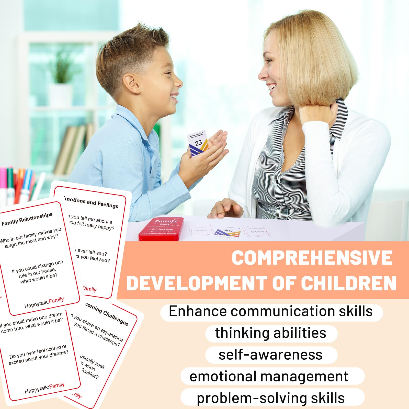 Happytalk Conversation Cards for Kids - 200 Engaging Questions for Family Game Night, Road Trips & Therapy Games, Perfect for Quality Family Time