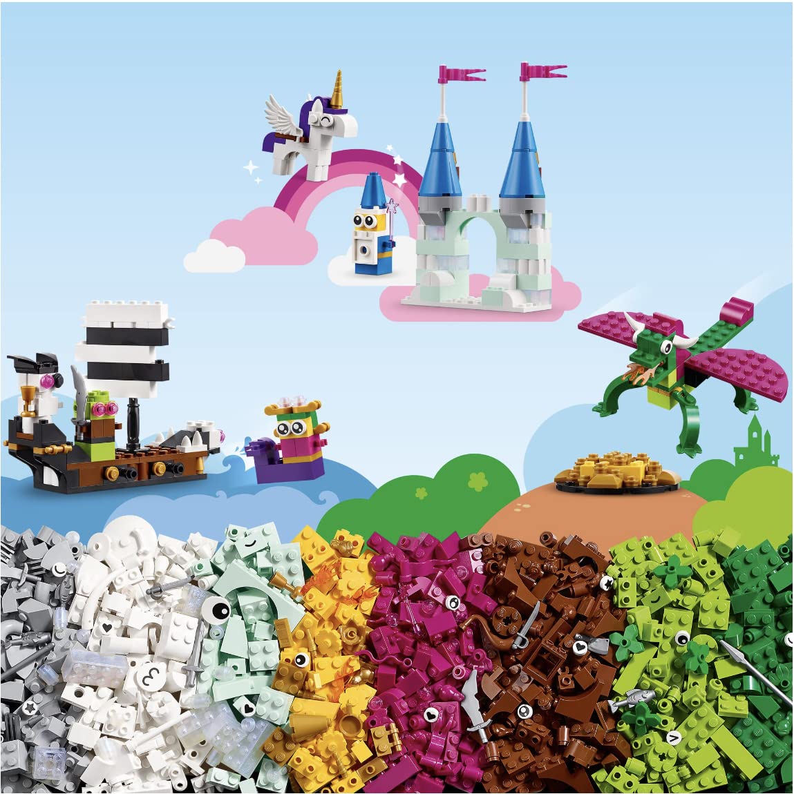 Classic Creative Fantasy Universe Set 11033, Building Adventure with Unicorn Toy, Castle, Dragon and Pirate Ship Builds, Toys for Kids Ages 5 Plus