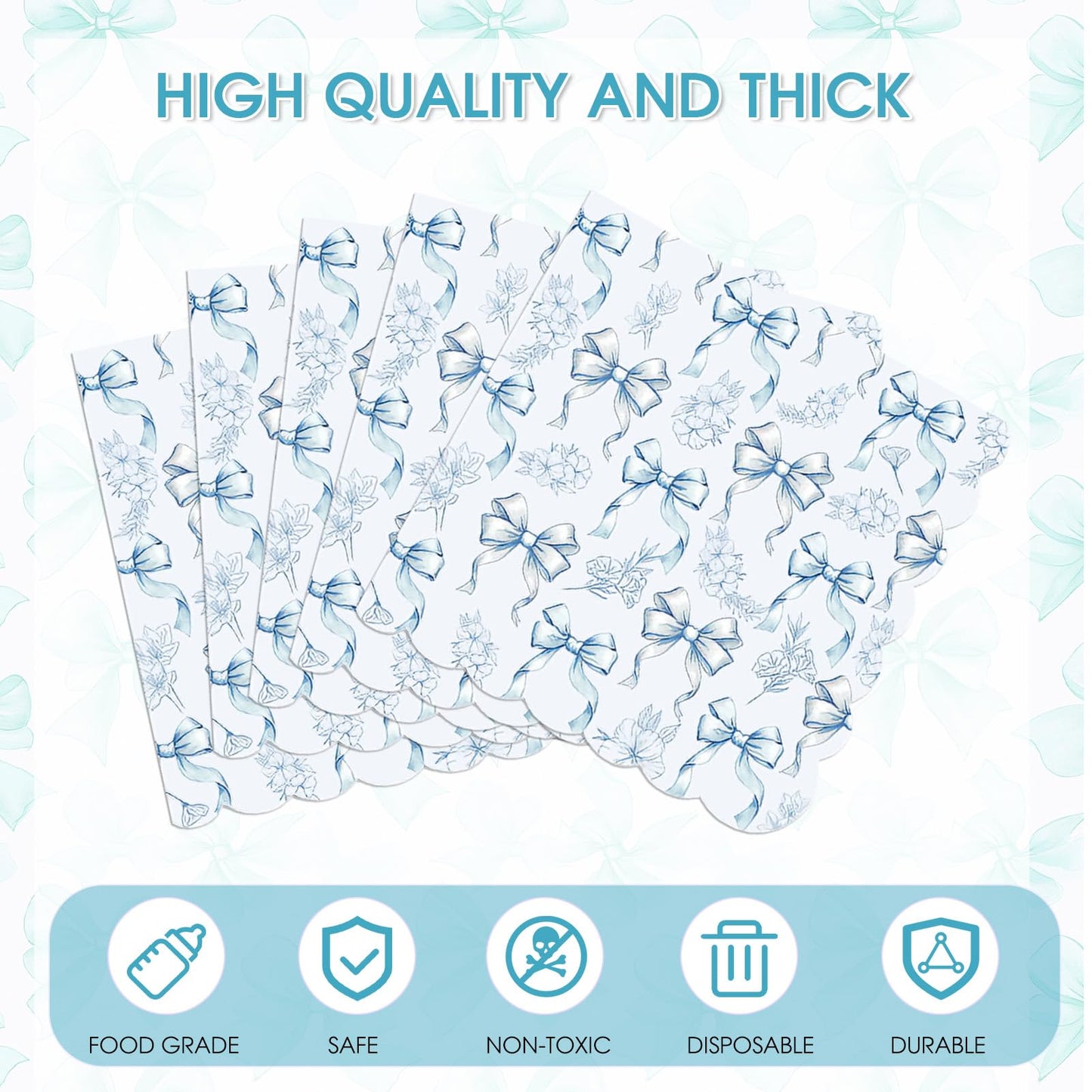 50PCS Blue Bow Napkins Scalloped Disposable Paper Coquette Bow Cocktail Napkins for Girls Birthday, Baby Shower, Bridal Shower, Wedding,Bachelorette