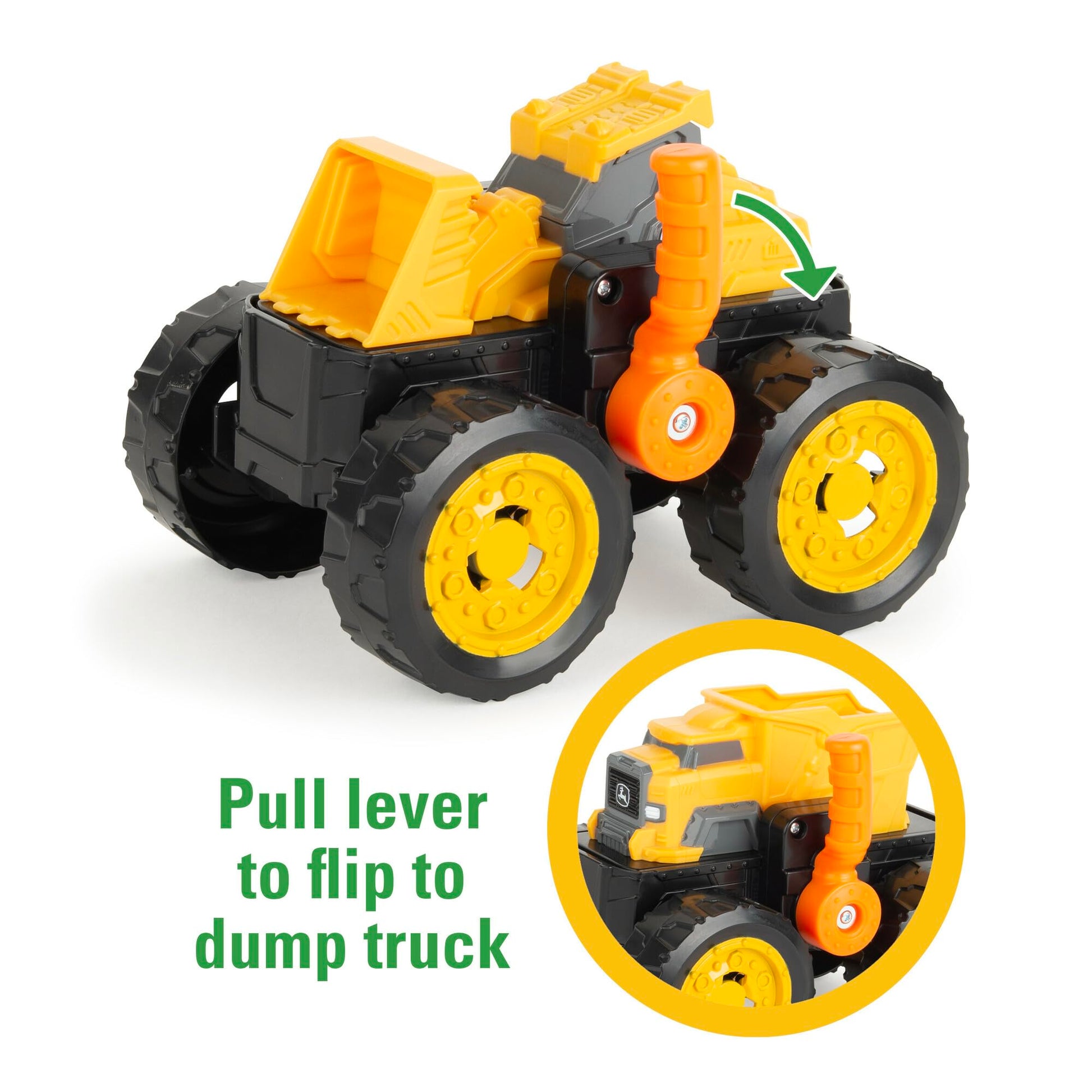 TOMY Monster Treads John Deere Flipper Truck Toy - 2-in-1 Transforming Dump Truck and Loader Toy with Heavy Duty Tires - Kids Construction Toys - Ages