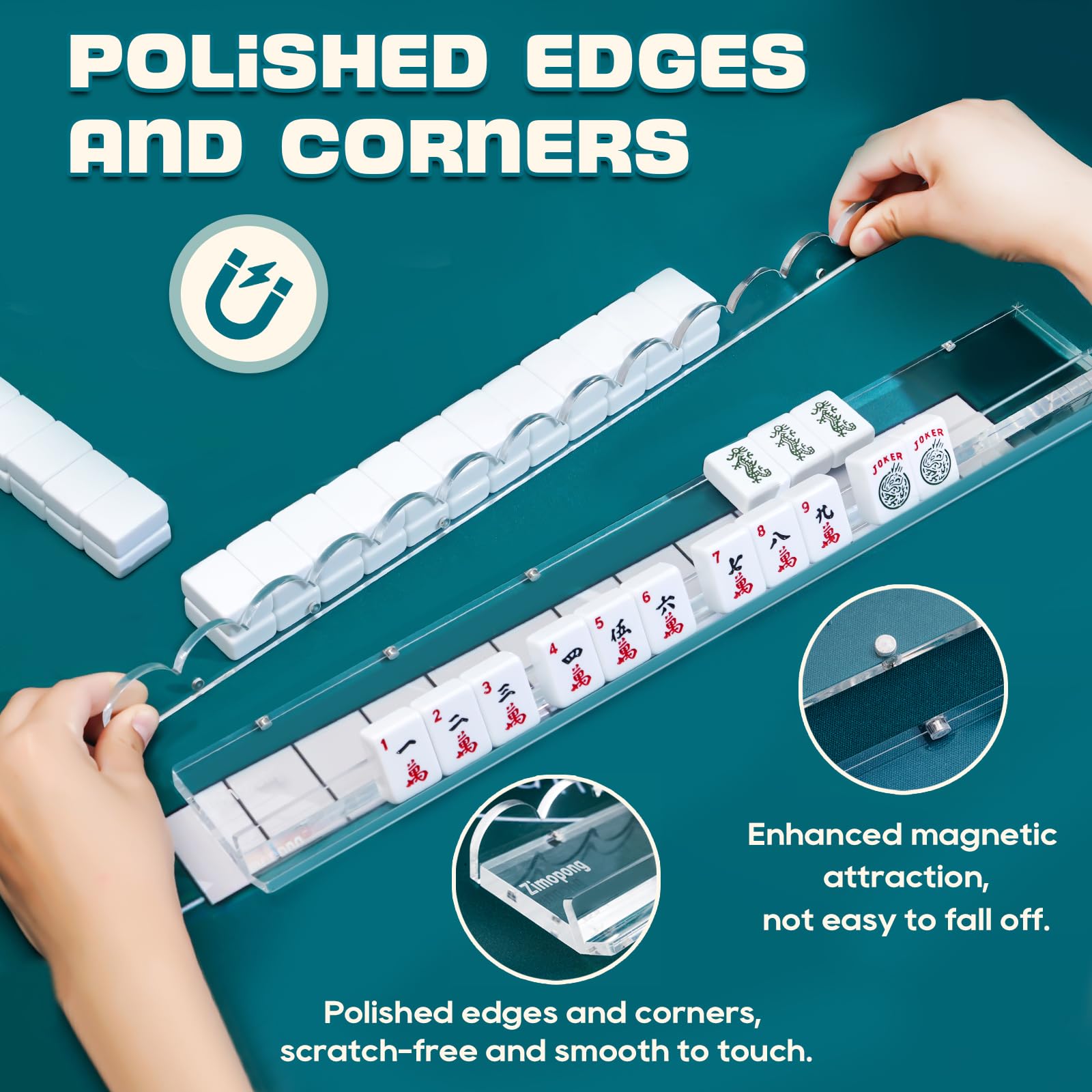 ZIMOPONG Mahjong Racks with Magnetic Pushers 17.5inch, 4 PCS, Clear Acrylic Scallop Mahjong Rack with Pushers, Ideal Gift for Mahjong Lovers, Parties