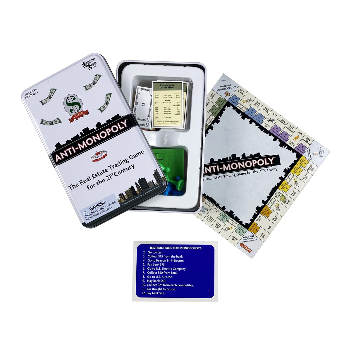 University Games Anti-Monopoly Travel Family Board Game Tin, Ages 8+