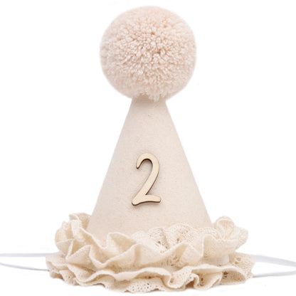 WAHAWU Lace 2nd Birthday Hat - Two Sweet Birthday Decorations,Lace Flower Princess Party Crown,Beige Cone Hat for Cake Smash,Second Floral Party