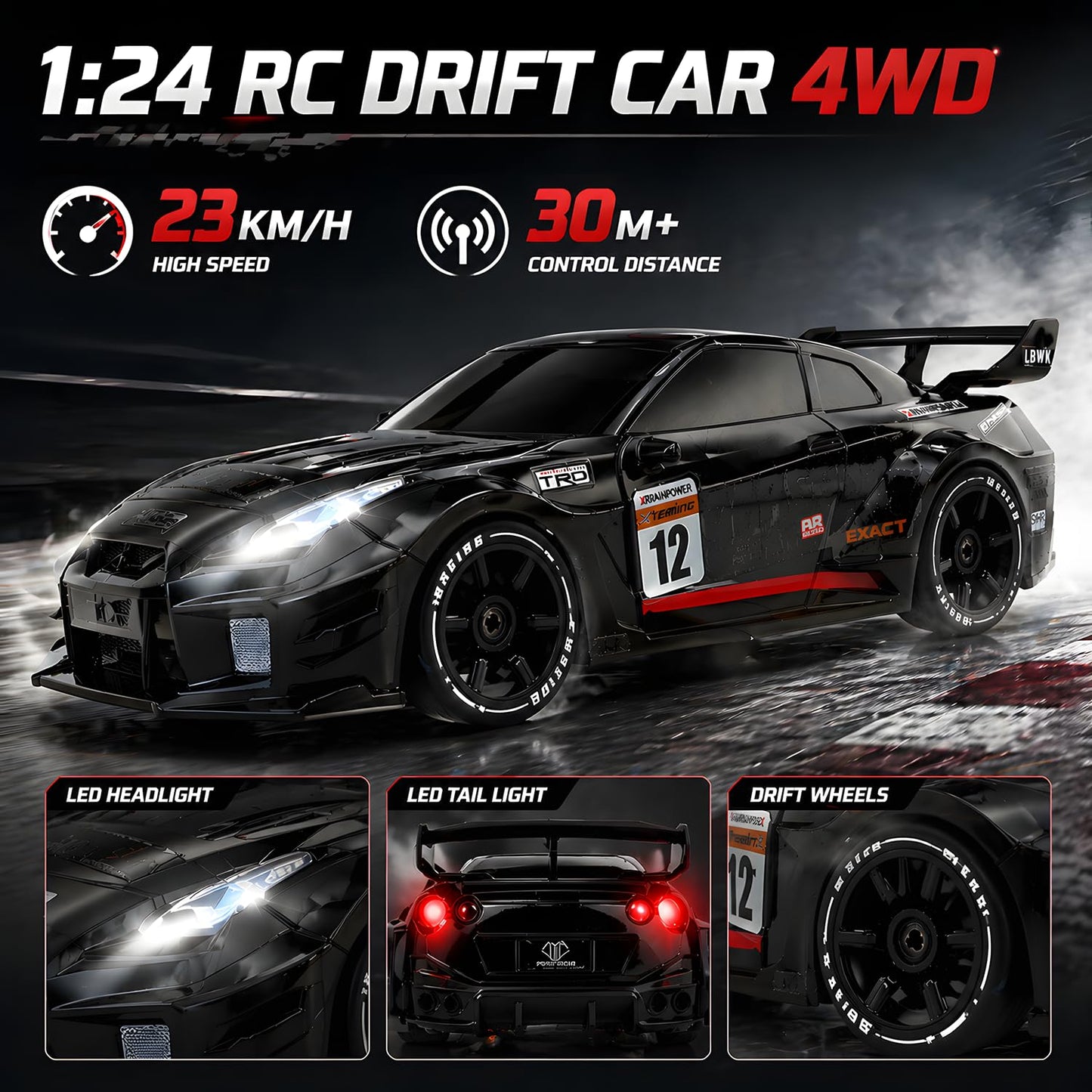 HTURCCOP 1:24 RC Drift 2.4GHz with LED Light Race Car Toys for Boys and Girls Aged 6+ Speed Adjustable up to 23Km/H, High-Speed RC Racing Cars Toy