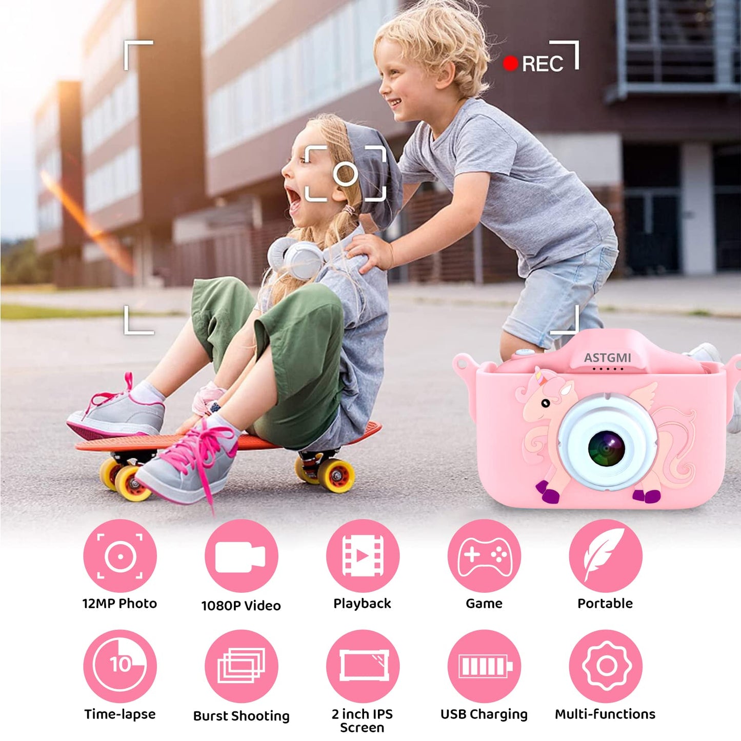ASTGMI Kids Camera, 2.0 Inch Child Digital Camera, Mini Digital Camera for 3-10 Year Old Boys Girls, 1080P HD Video, 32G SD Card, USB Line