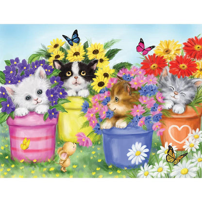 Bits and Pieces - Large 100 Piece Jigsaw Puzzle for Adults - Cats in Flower Pots - Kitten Colorful Bloom Butterfly Sweet Cute Garden Jigsaw Puzzle by