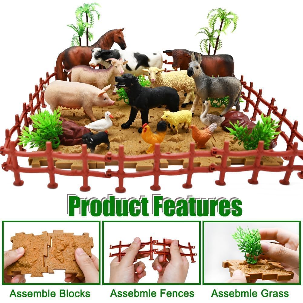 BOLZRA Farm Animal Figurines, Realistic Plastic Animals Toys with Fences Building Blocks, Farm Figures Playset Educational Christmas Birthday Gift