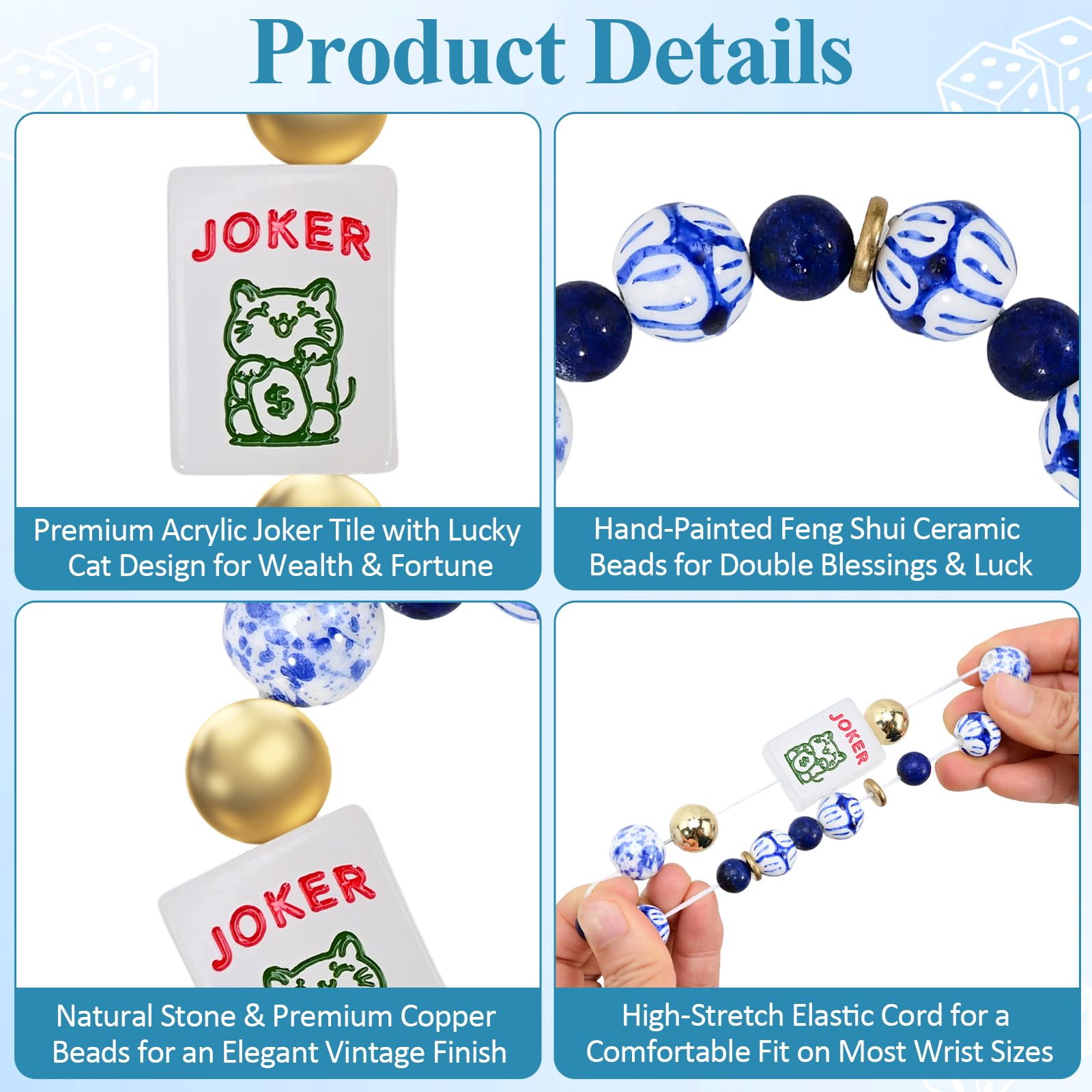 Xelbreelark Mahjong Bracelets for Women, Stretchy Jewelry Gifts with Lucky Cat & Joker Tile, Fortune Luck Mahjong Accessory, 5.7-7.8 in Fits Most