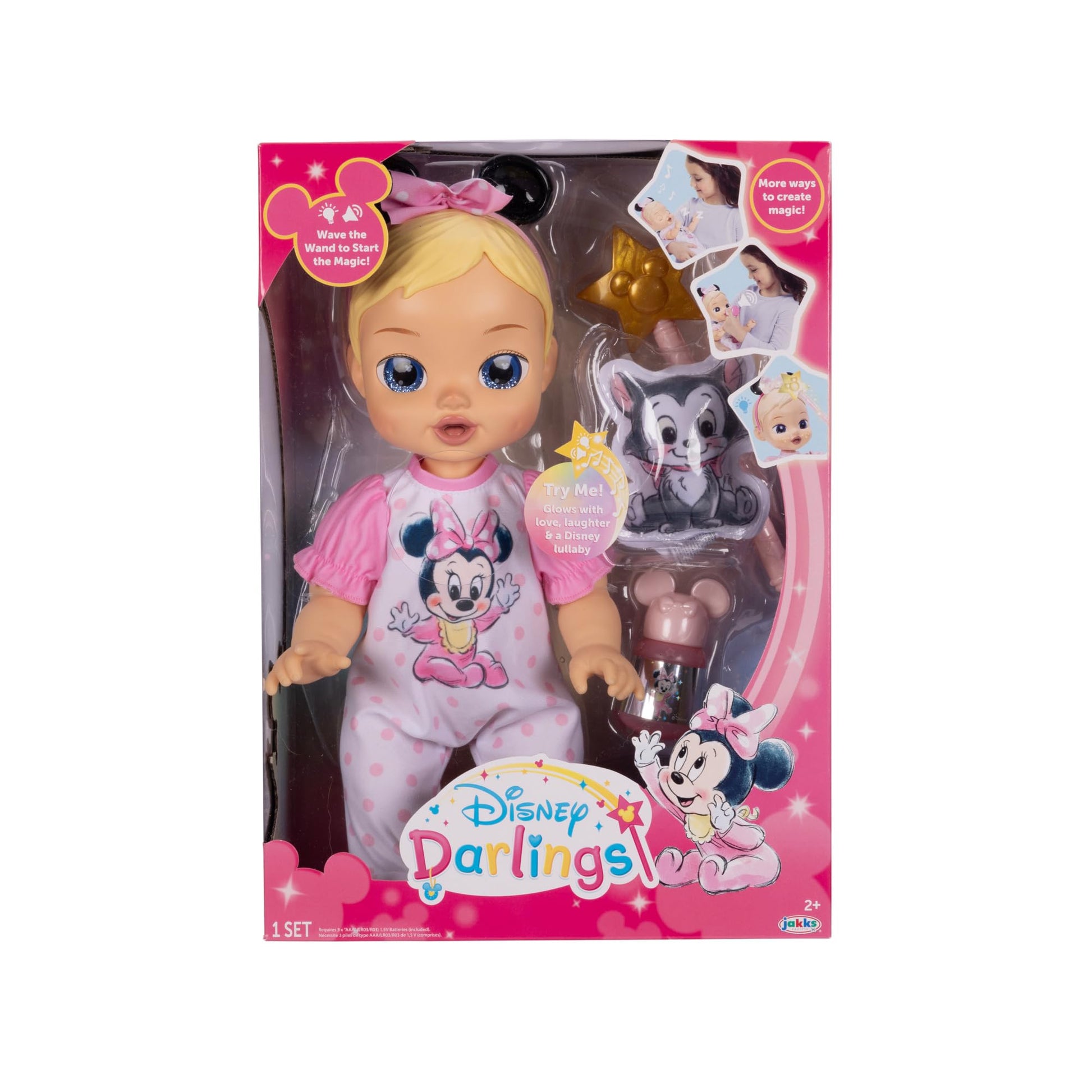 Disney Darlings 13-Inch Interactive Baby Doll - Magical Lights, Sounds, Music & Wand - Minnie-Inspired Nurturing Doll with Accessories - Multiple Skin