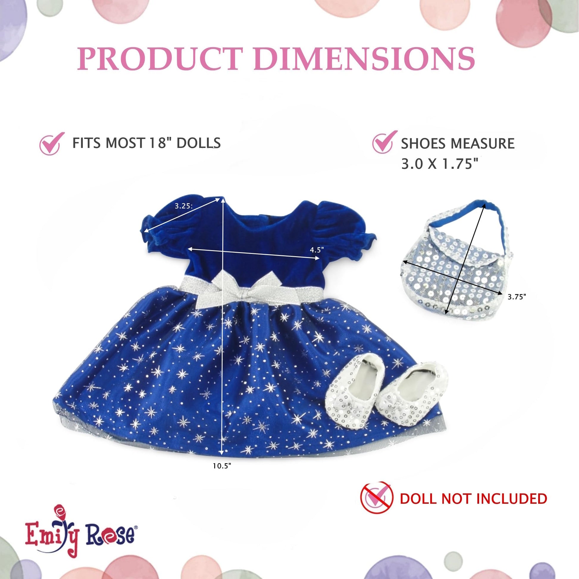 Emily Rose 18" Doll Holiday Dress Set - Midnight Star Sparkly Blue Party Dress with Silver Sequin Shoes & Purse - Premium Gift Boxed Outfit Compatible