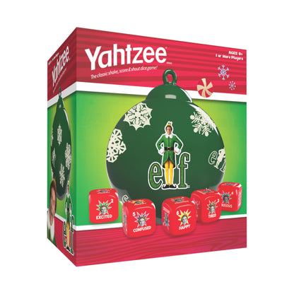 YAHTZEE: Elf Edition, Exclusive Holiday Ornament Cup Featuring Buddy, Roll the dice & Spread the Christmas Spirit, Classic Dice Game for Fans, Adults
