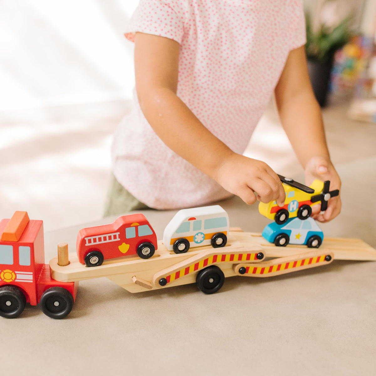 Melissa & Doug Emergency Vehicle Carrier Wooden Toy Truck & Rescue Vehicles