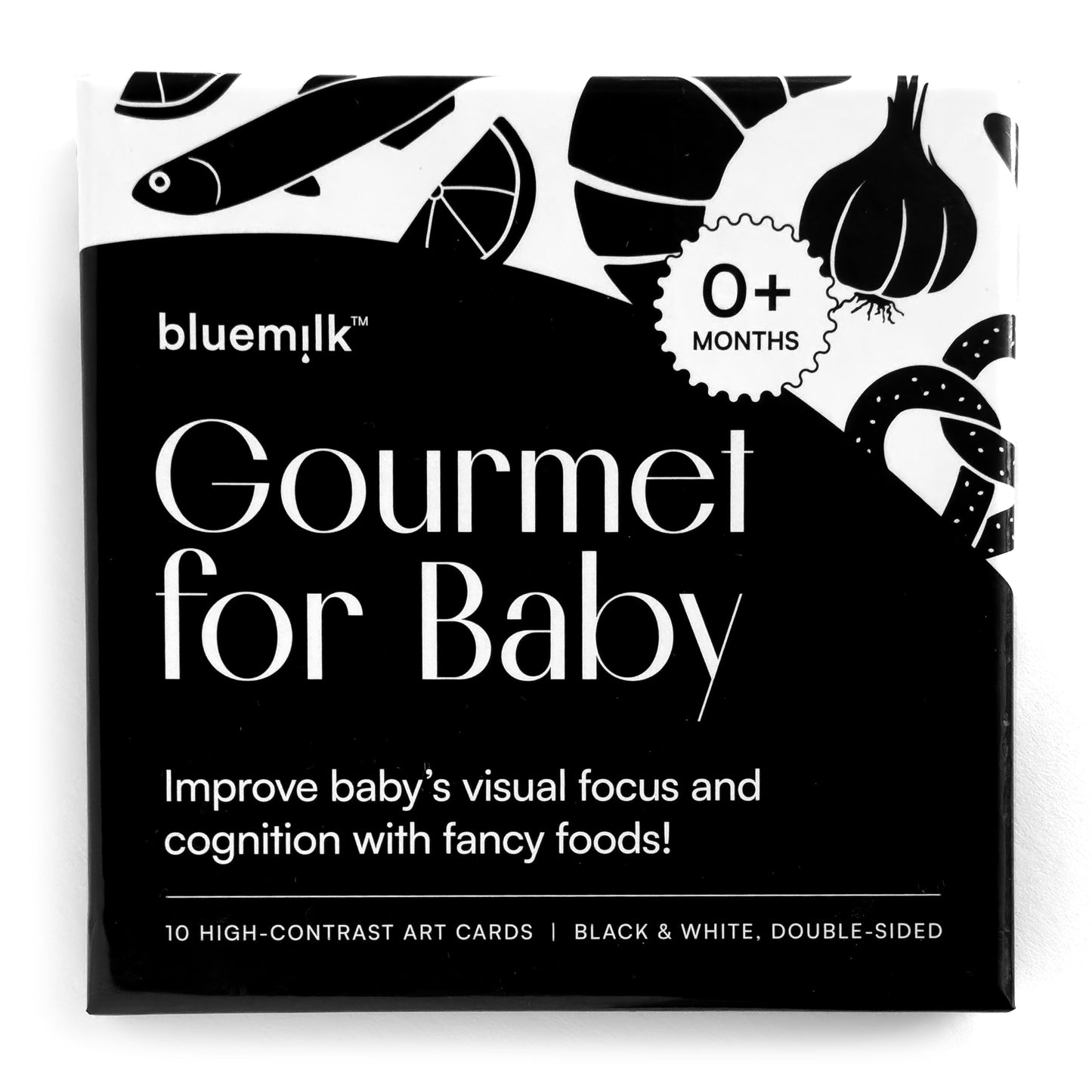 Gourmet for Baby High Contrast Sensory Learning Toy 10 Black & White Flash Cards of Food Shapes. Tummy Time Pillow Games Curious Baby Toys Activity