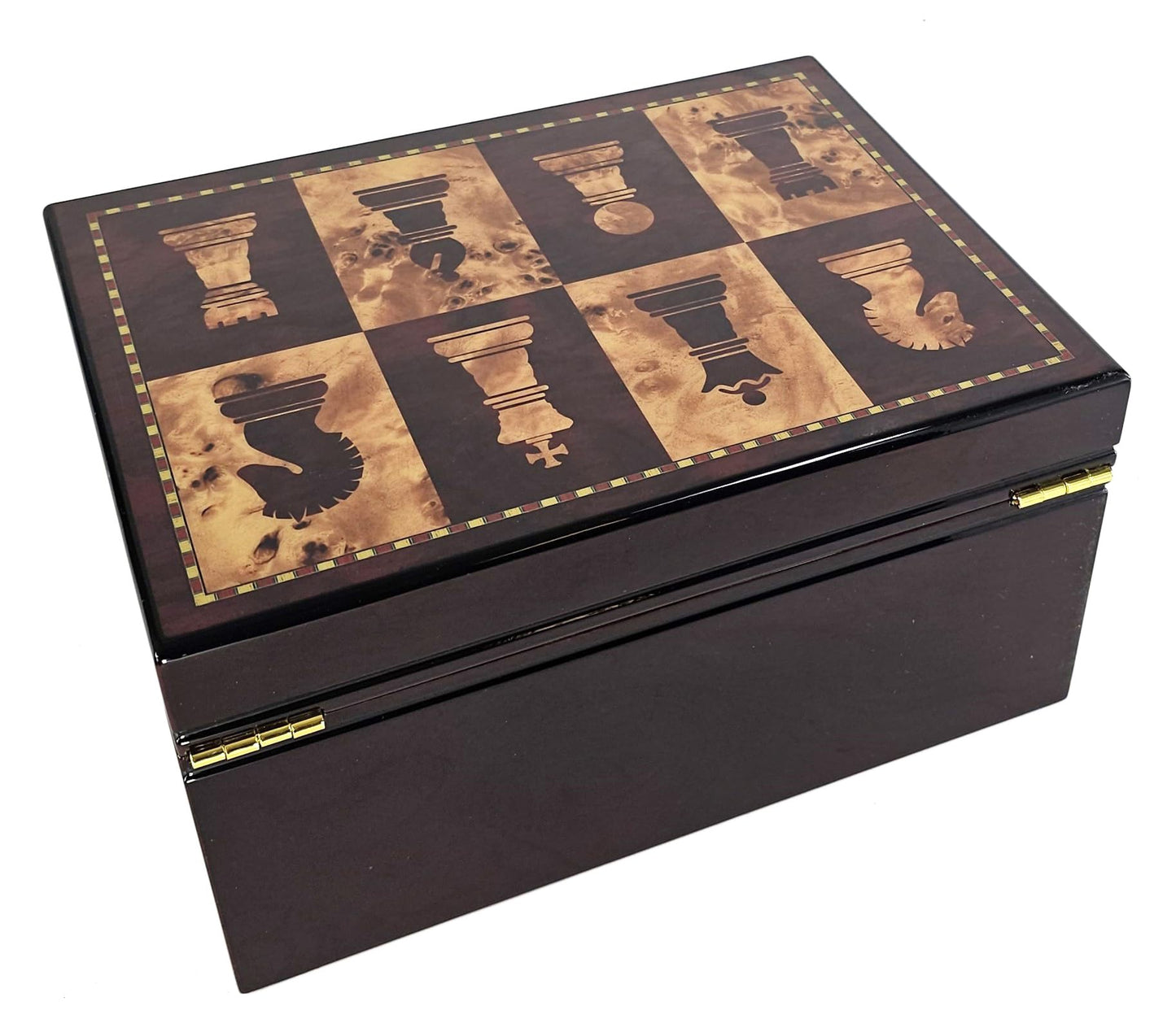HPL Large High Gloss Cherry and Burlwood Color Locking Chess Storage Box for up to 4 3/4 inch Men Set