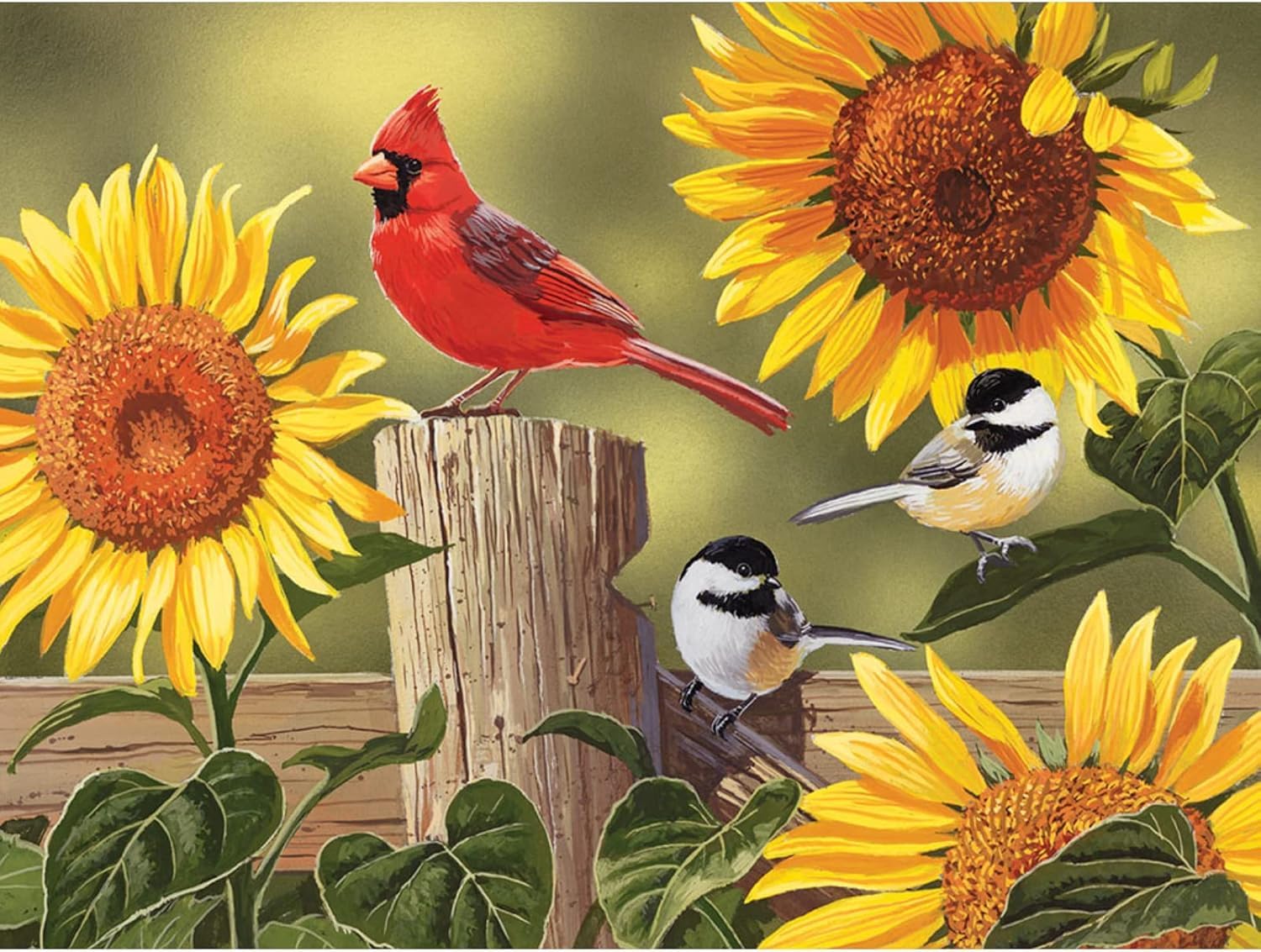 Bits and Pieces - 100 Piece Jigsaw Puzzle for Adults - Sunflower & Songbirds - Cardinals Jigsaw Puzzle by William Vanderdasson, Completed Puzzle Size
