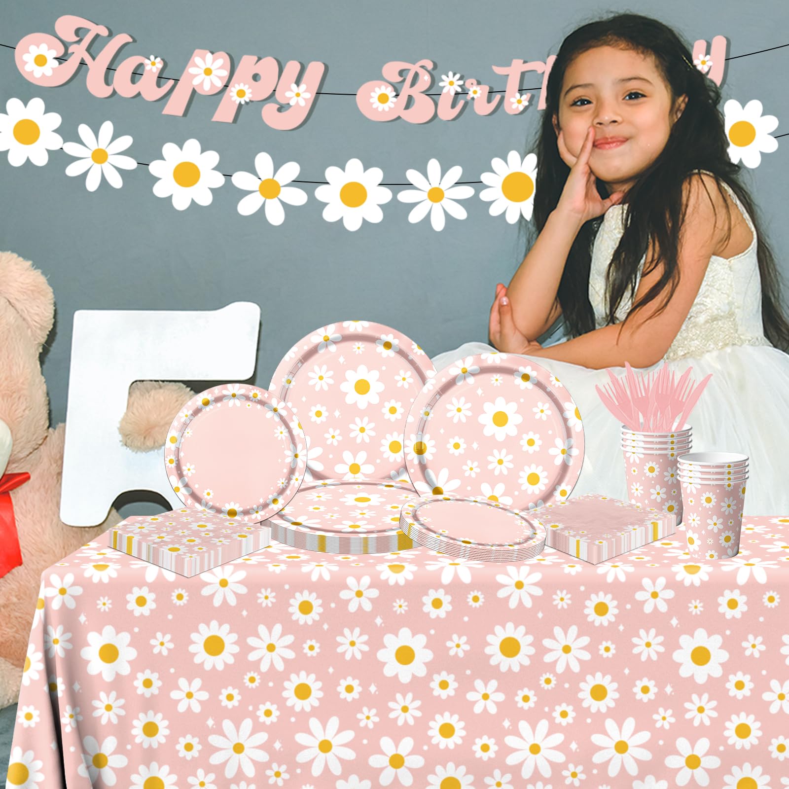 142PCS Daisy Birthday Party Tableware Set,Pink Groovy Daisy Flower Supplies Include Daisy Plates and Napkins Cup Tablecloth Banner for Retro Theme