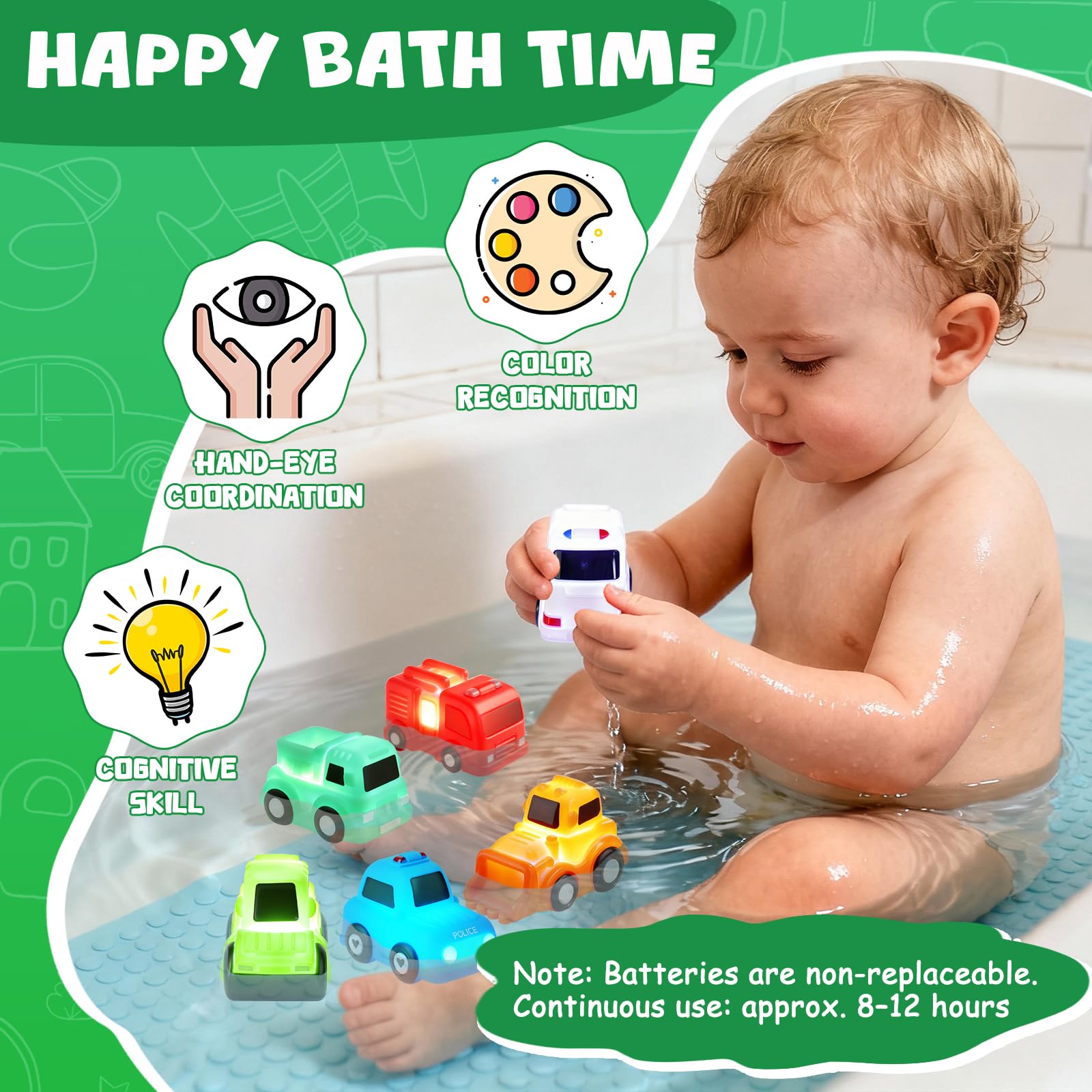 Baby Bath Toys, 6 Pack Light Up Cars Bath Toys, No Hole No Mould Bathtub Toy for 1 2 3 Year Olds, Flashing LED Sensory Toy for Toddlers, Bath Time
