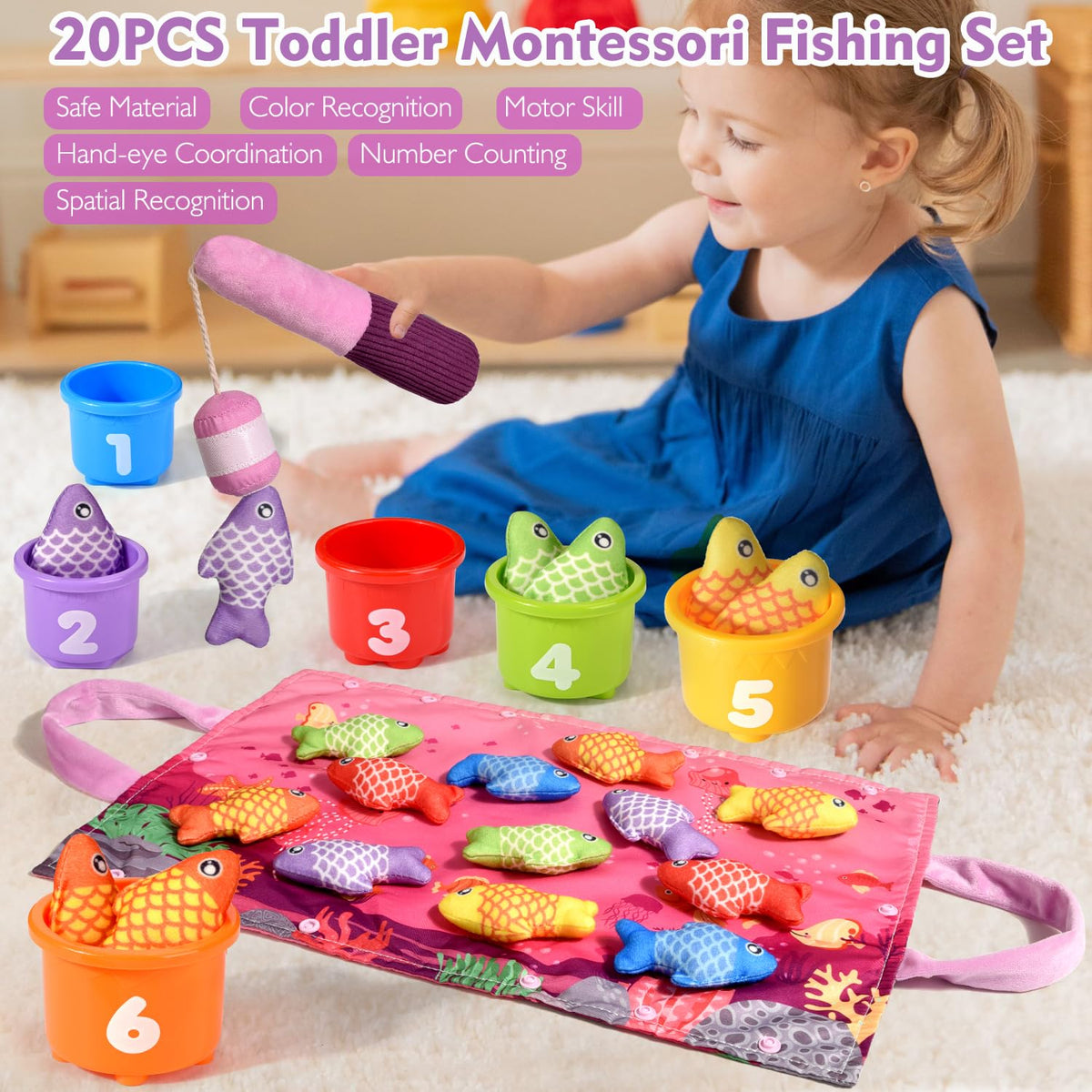 BAHIAKLO Montessori Toys for 1 Year Old Girl Gifts, Pink Cloth Fishing Toy for Toddler 1-3, Fine Motor Skills Toy Sorting Learning Baby Toys 6-12-18