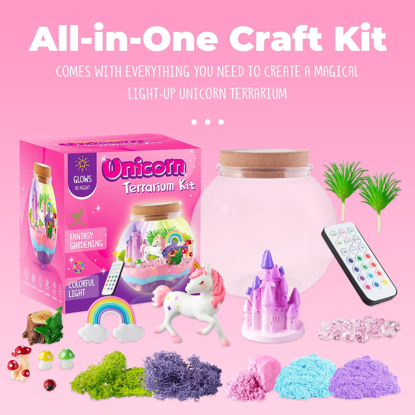 JOYEEMAX Unicorn Light-Up Terrarium Kit for Kids - LED Night Light Birthday Gift for Girls Ages 4 5 6 7 8-12 Year Old - Unicorn Toys for Girls - DIY