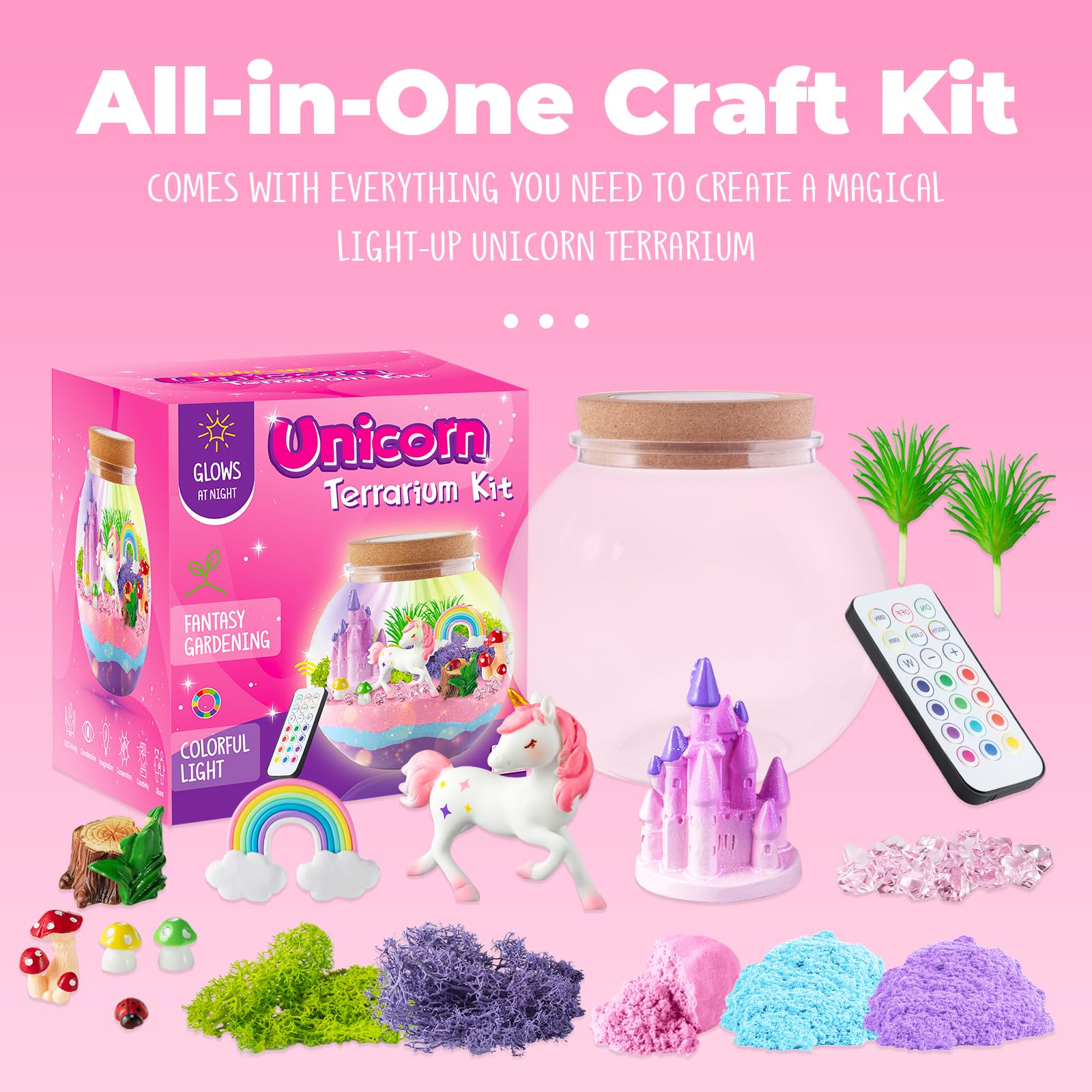 JOYEEMAX Unicorn Light-Up Terrarium Kit for Kids - LED Night Light Birthday Gift for Girls Ages 4 5 6 7 8-12 Year Old - Unicorn Toys for Girls - DIY