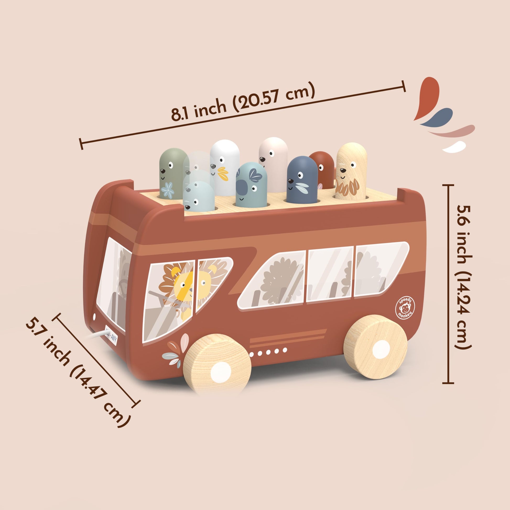 Speedy Monkey Bus Pounding Bench, Pull-Along Bus with Hammering Activity, 8 Wooden Characters, Enhances Hand-Eye Coordination, Safe Design, Non-Toxic