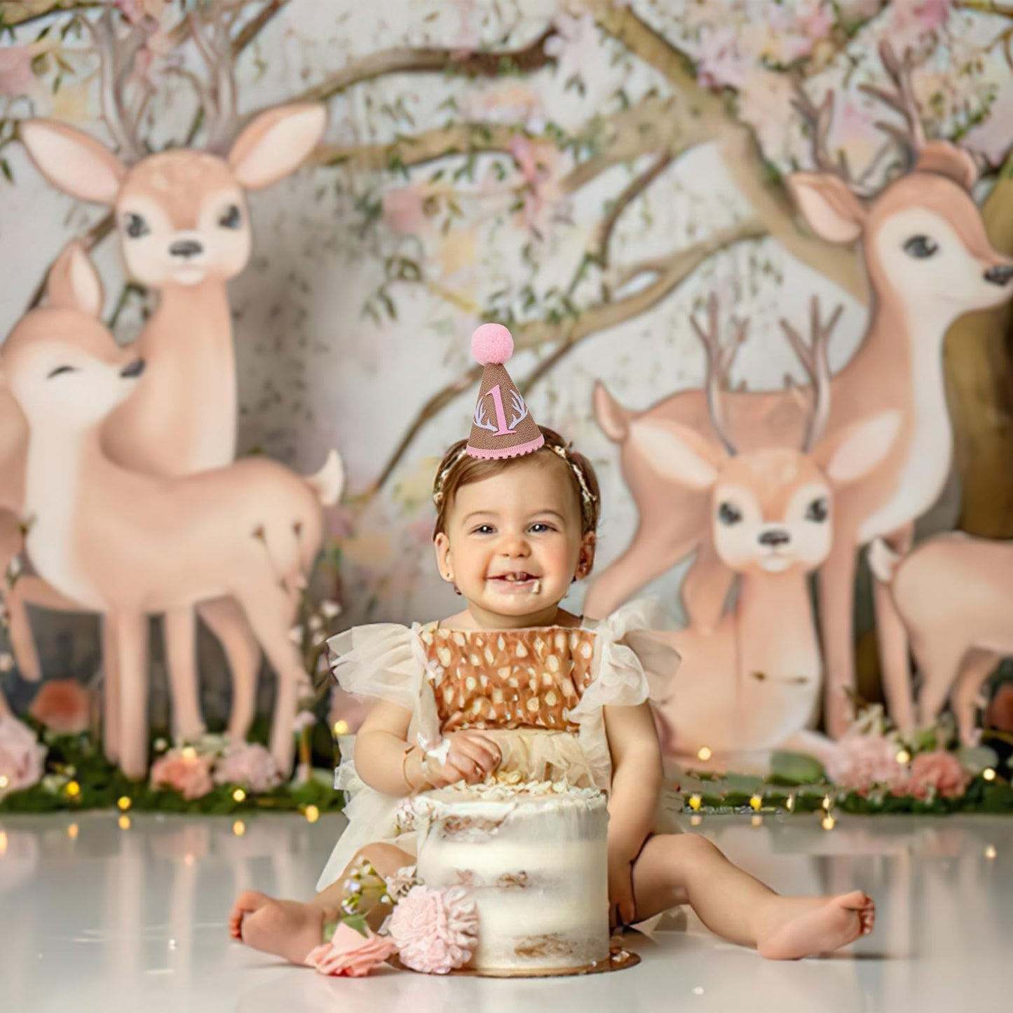 YOUAME Deer 1st Birthday Hat - Deer Girls Pink First Birthday Party Decorations,Woodland Theme Camo Hunting Party Decor,Wild One Deer Birthday Crown