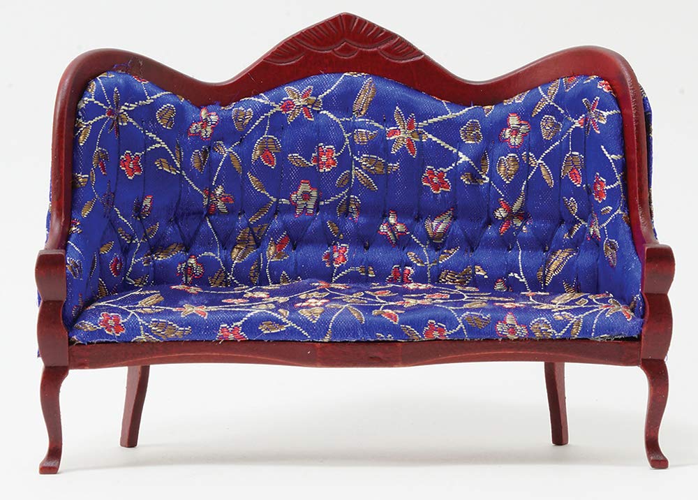 Classics by Handley Dollhouse Miniature Victorian Sofa, Mahogany with Blue Floral Fabric