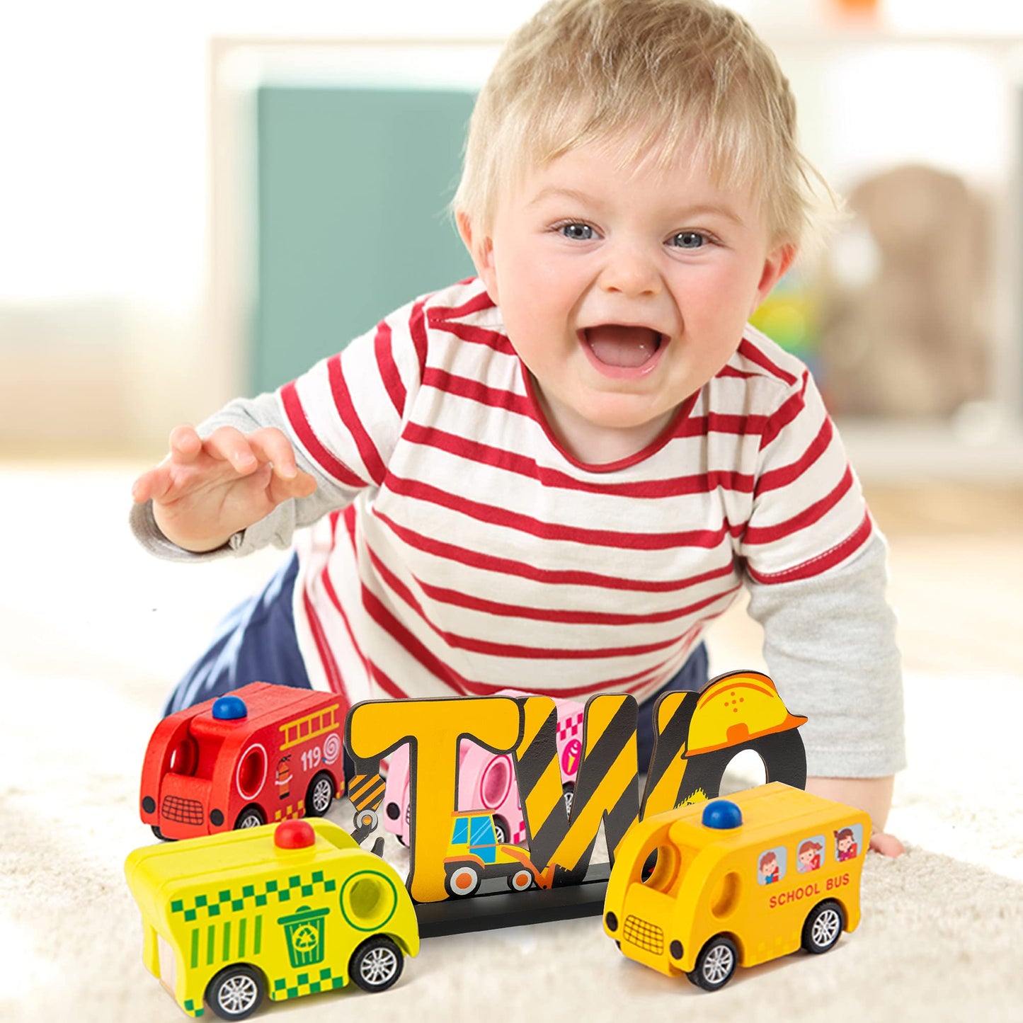 Haooryx Construction Truck Two Letter Sign Wooden Table Centerpiece for Boys, Two Years Old Baby 2nd Birthday Party Decorations, Construction Theme