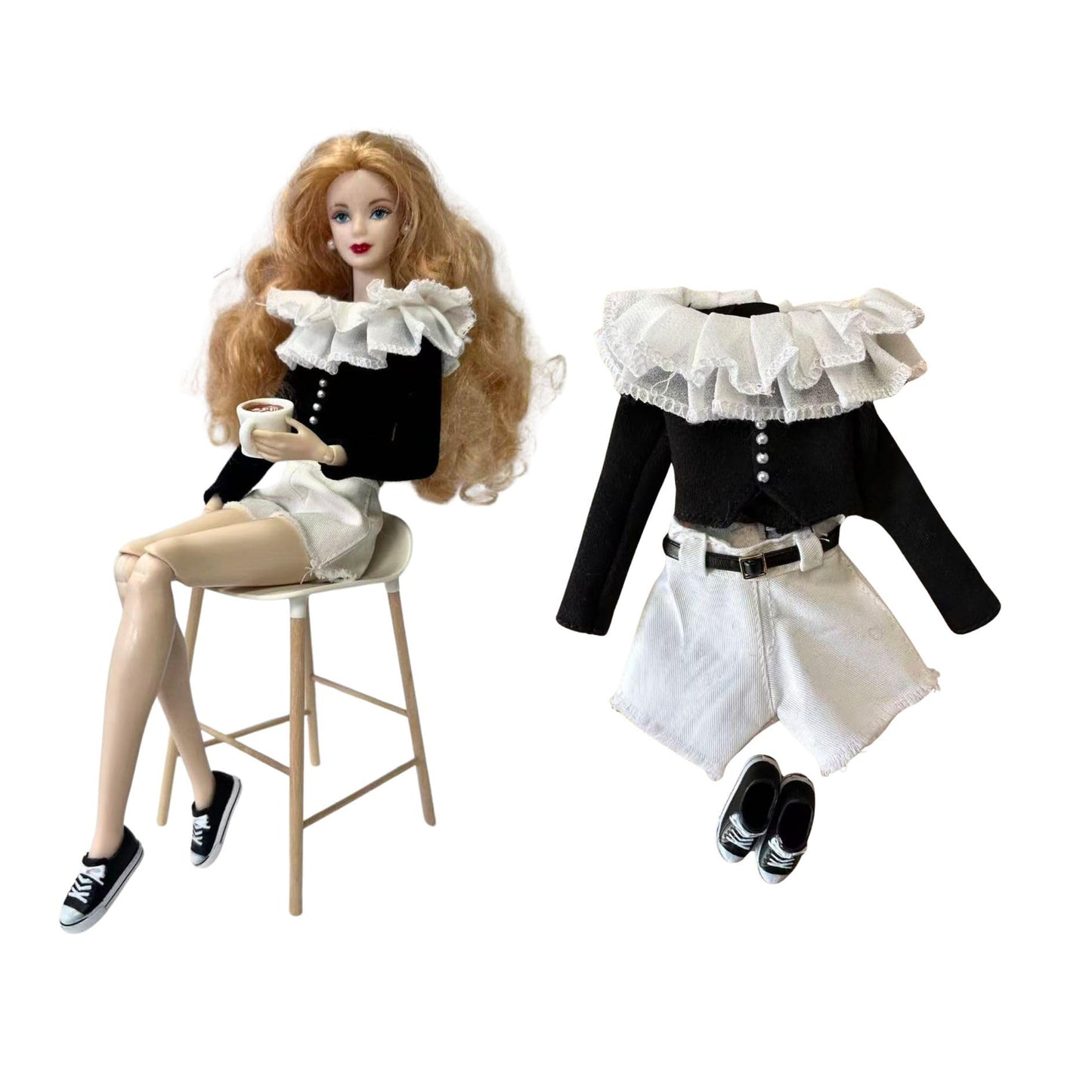 1/6 Scale Miniature Outfit Set, Black Long Sleeve Top with White Shorts