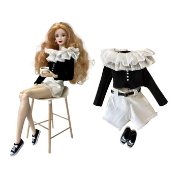 1/6 Scale Miniature Outfit Set, Black Long Sleeve Top with White Shorts