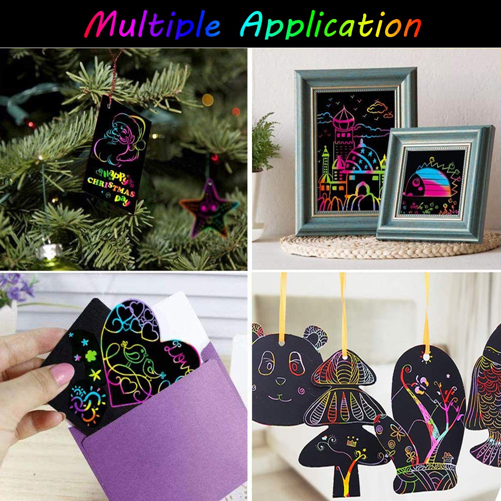 Yibeishu Scratch Art Set, 56-Piece, Black Paper Sheets Notes Cards Boards and Doodle Pads, 7.2 x 5 Inches, Kids Crafts Projects Kit
