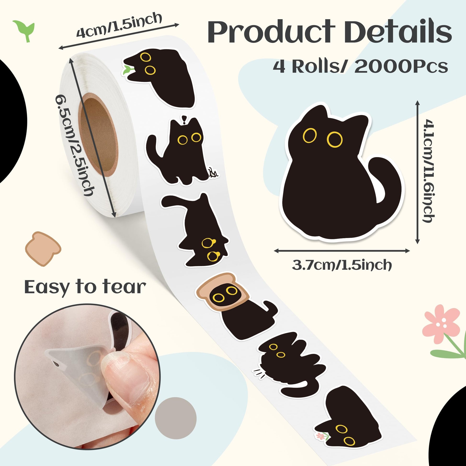 DSjuedui Black Cat 4 Roll Stickers - 2000Pcs Funny Cute Cartoon Meme Decorative Decals for Girls Boys Water Bottles Guitar Skateboard Laptop Kids