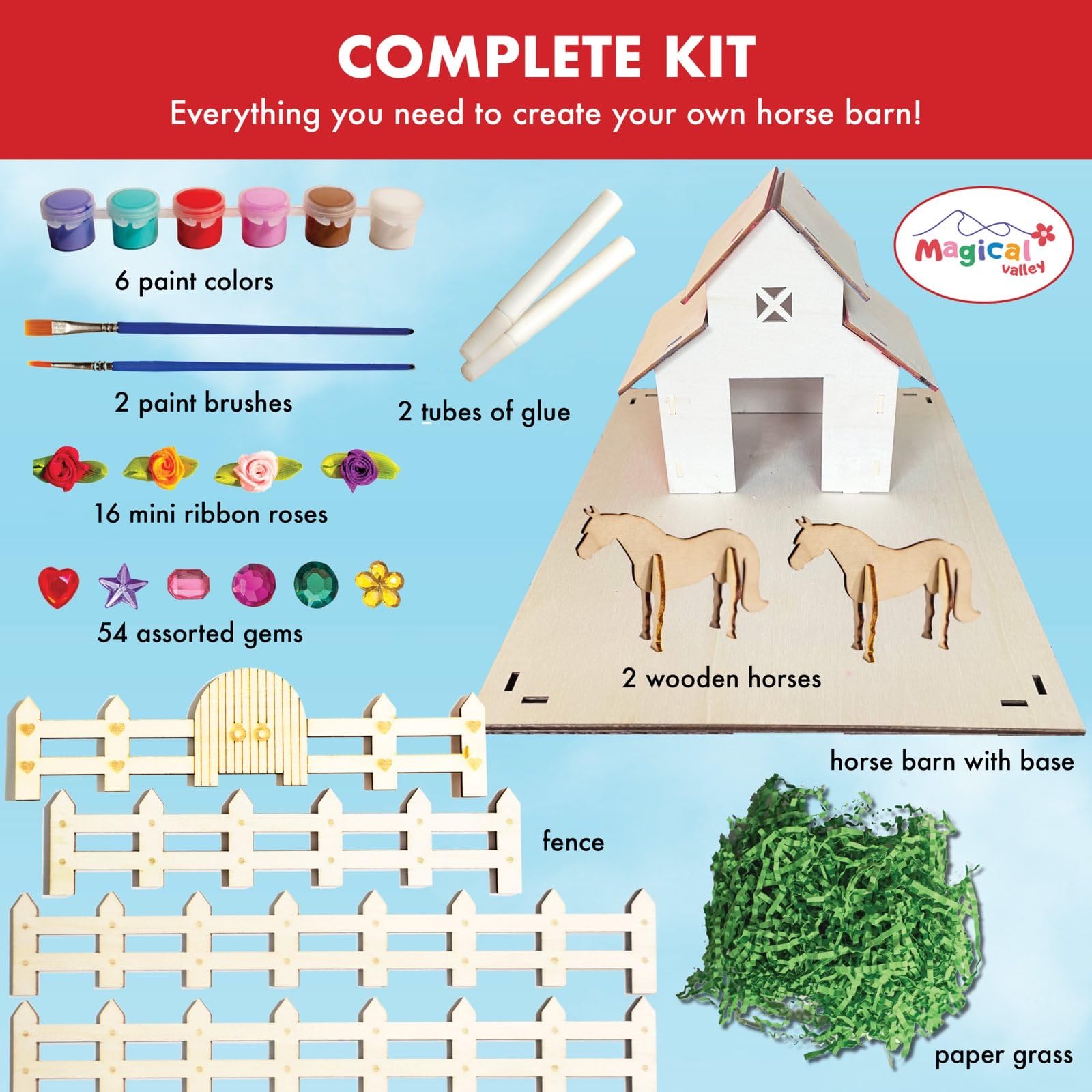 Magical Valley Horse Barn Craft Kit for Kids, DIY Wooden Barn Building Kit, Arts & Crafts for Kids, Horse Toys for Girls & Boys, Creative Activity